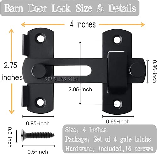 Miniatura 3 de Pestillo para puerta de granero, paquete de 4 cierres de puerta de acero inoxidable de 4 pulgadas, cierres de puerta abatibles, cierre de puerta