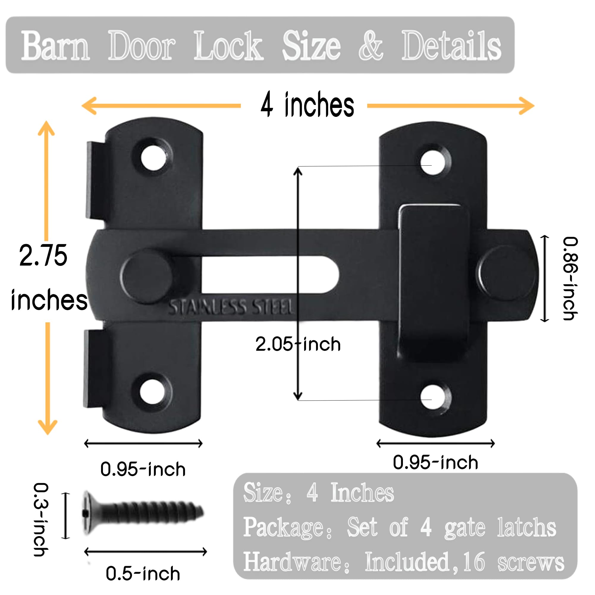 ZEECER Gate Latch, 4 Pack 4-Inch Thicker Stainless Steel Gate Latches, Sliding Door Latch lock Hardware - Image 4