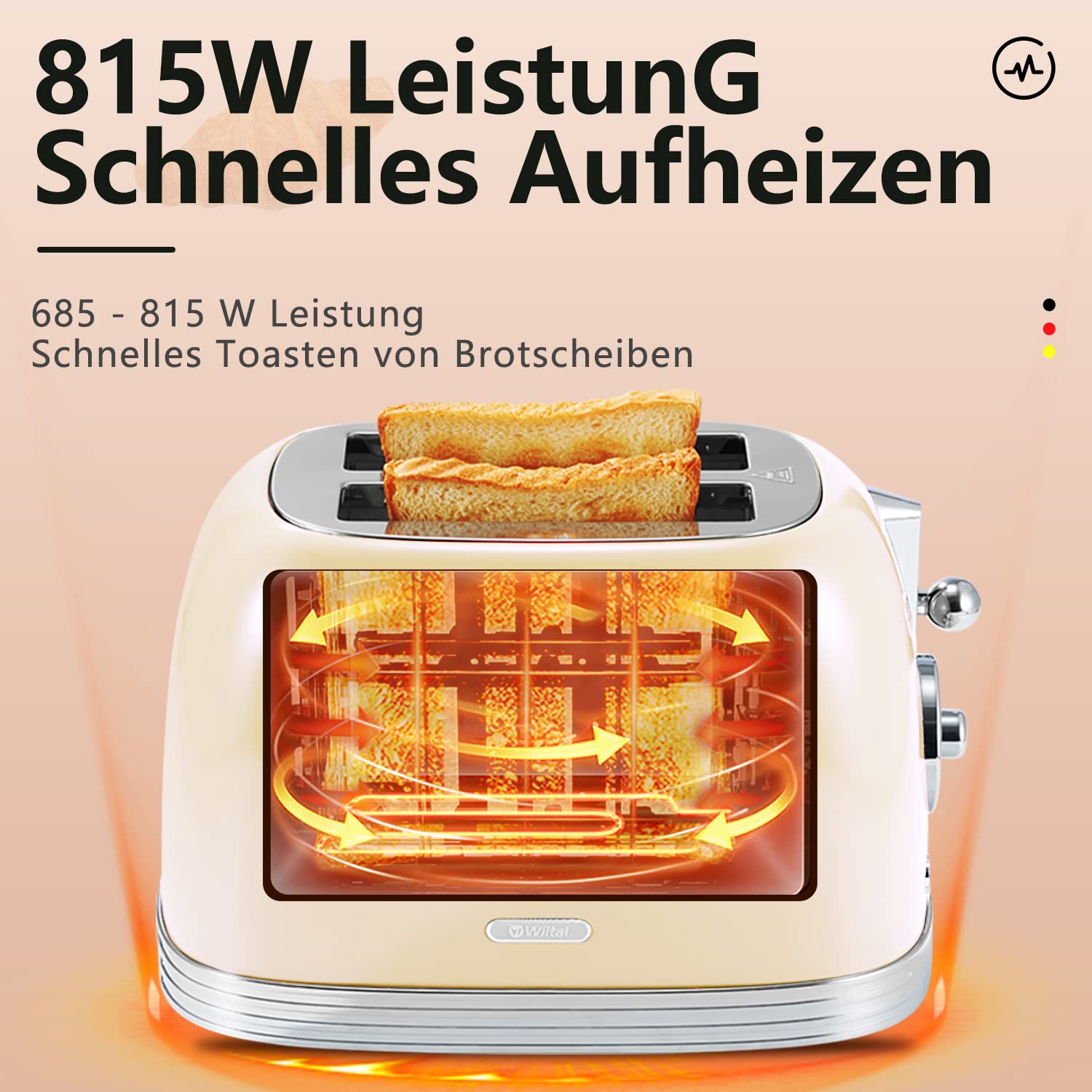 Wiltal Toaster 2 Scheiben, Retro, mit Brötchenaufsatz, mit Deckel aus Edelstahl, Vorheiz-, Auftau- und Abbruchfunktion, Countdown-Timer-Anzeige, Schnell-Toaster(Cremeweiß)