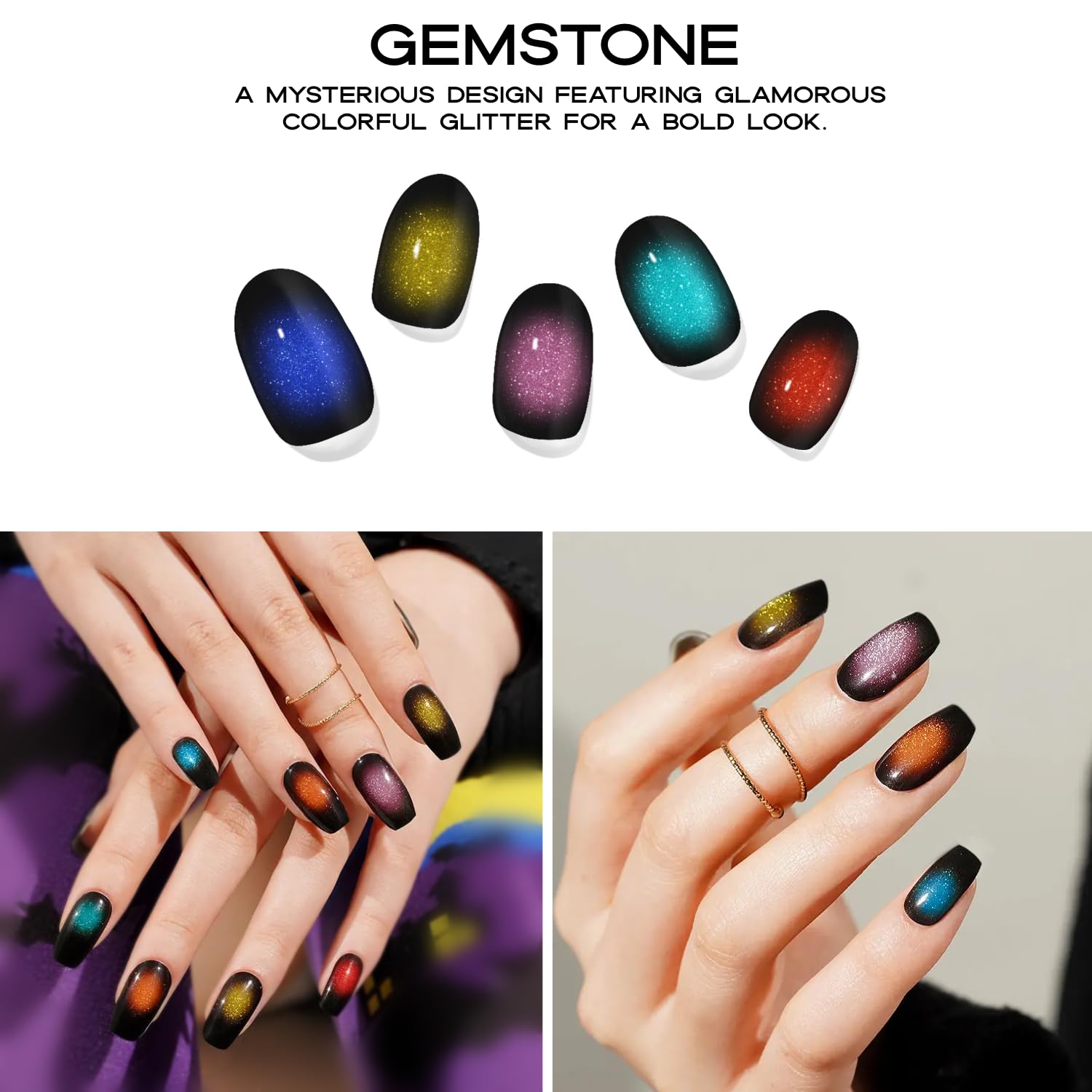 Adora Couture Semi Cured Gel Nail Strips with 20 Pieces, Salon Quality Nail Wraps for Women, Colorful Cateye Tip UV Gel Nail Stickers, UV Light Required, Gemstone