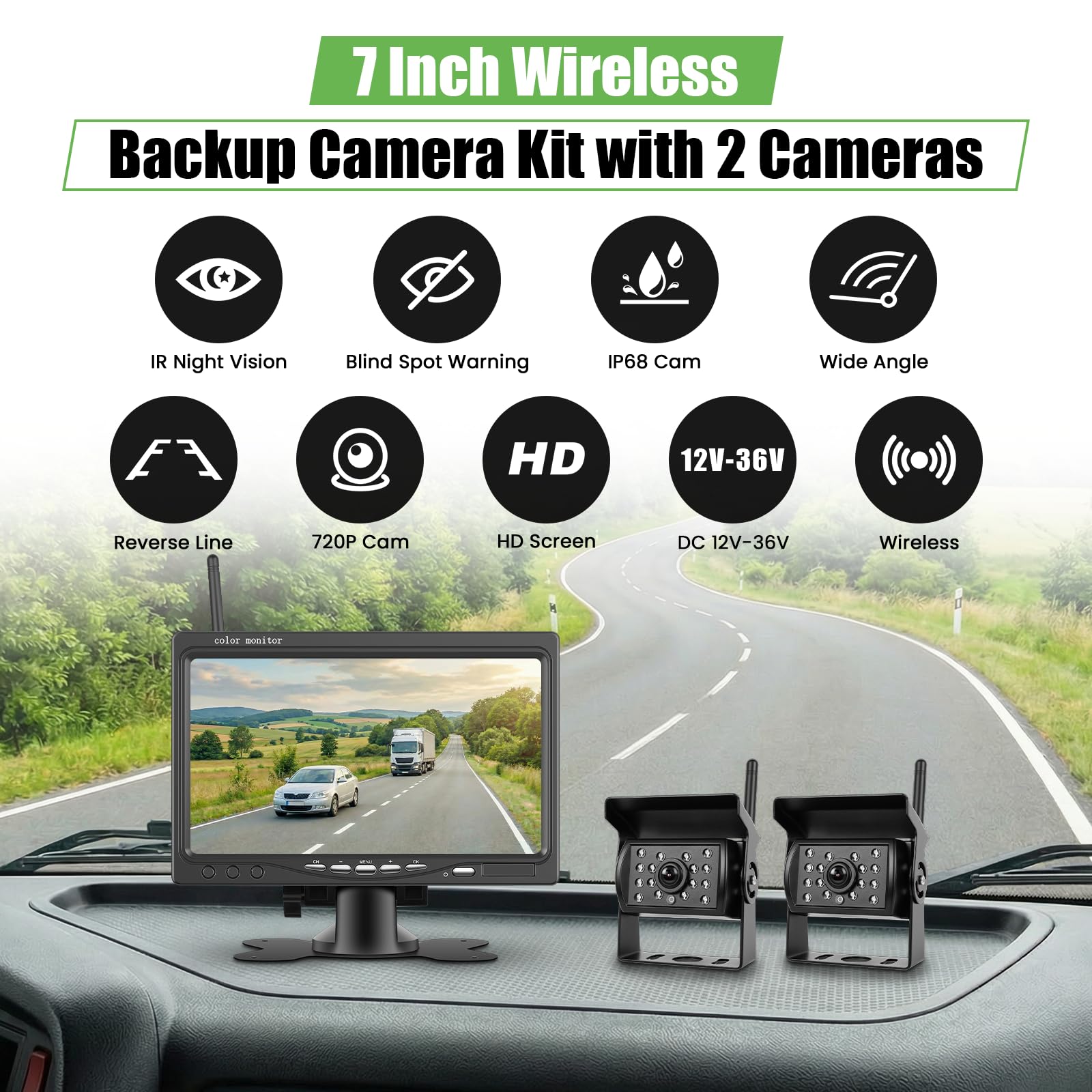 Set di telecamere di retromarcia wireless 1080P HD, monitor LCD da 7" con 2 telecamere per rimorchi, camper, camion, auto, autobus, linee guida DIY, impermeabile IP68, visione notturna, BSD, 12V-36V
