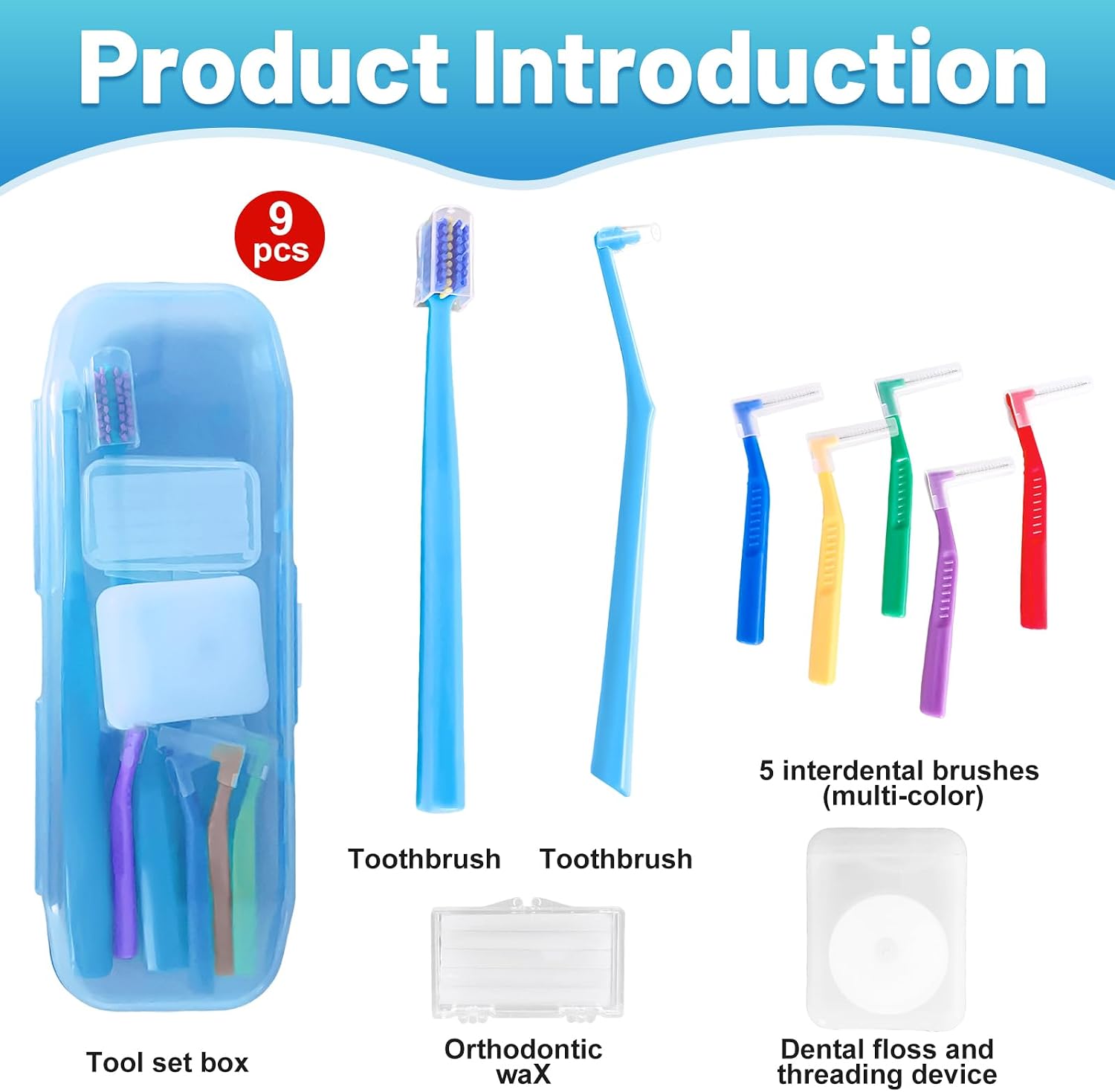 9-in-1 Orthodontic Oral Care Kit with Case – Toothbrush, End Tuft Toothbrush, 5 Interdental Brushes, Dental Floss, Dental Wax – Portable Hygiene Set for Braces and Daily and Travel Use (Blue)