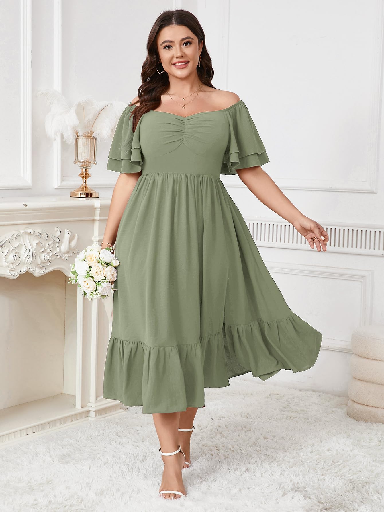 SCOMCHIC Vestido largo para mujer, talla grande, para invitada de boda, con escote corazón, manga corta, fruncido, con volantes, abertura