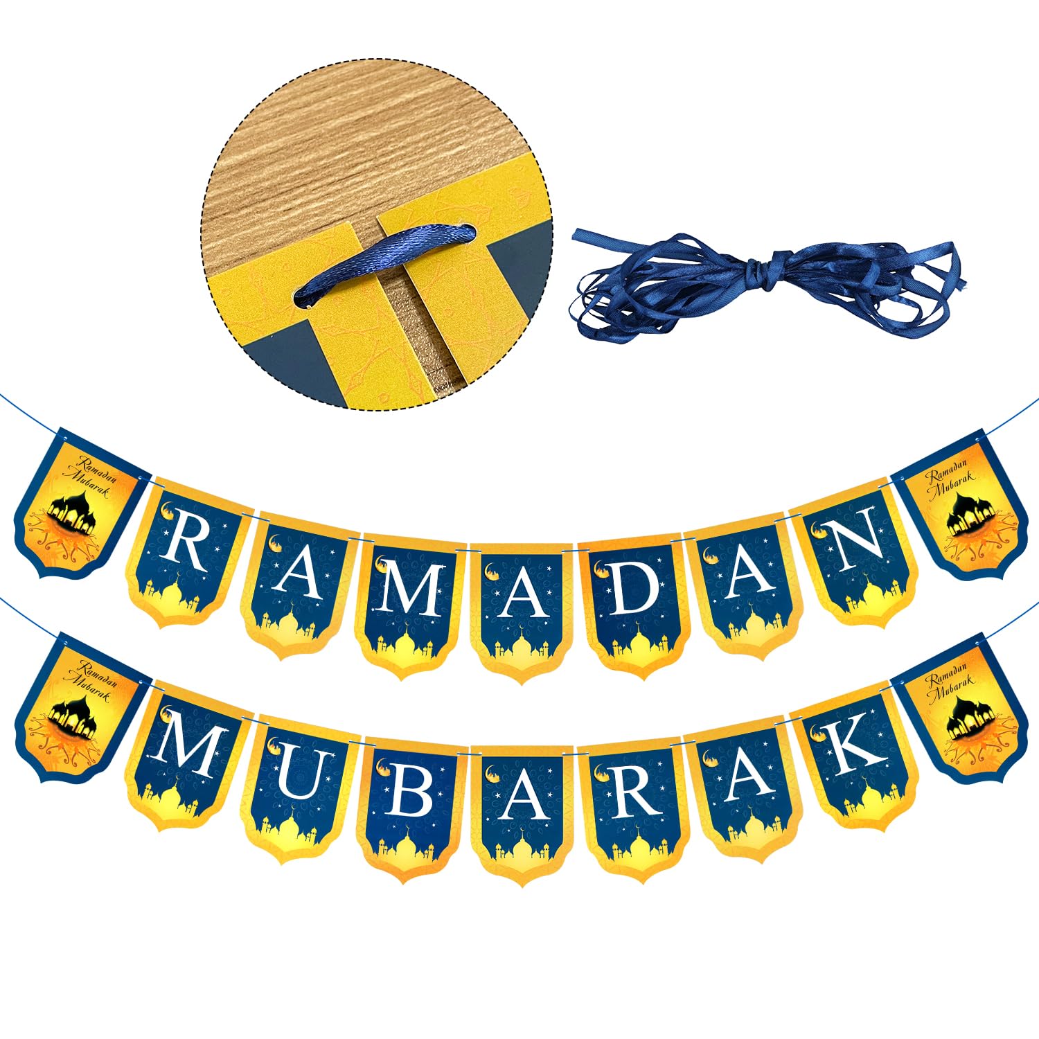 Grande Striscione Eid Mubarak In Tessuto Blu E Oro 180x110 Cm Con Corde - Decorazione Ramadan - 3