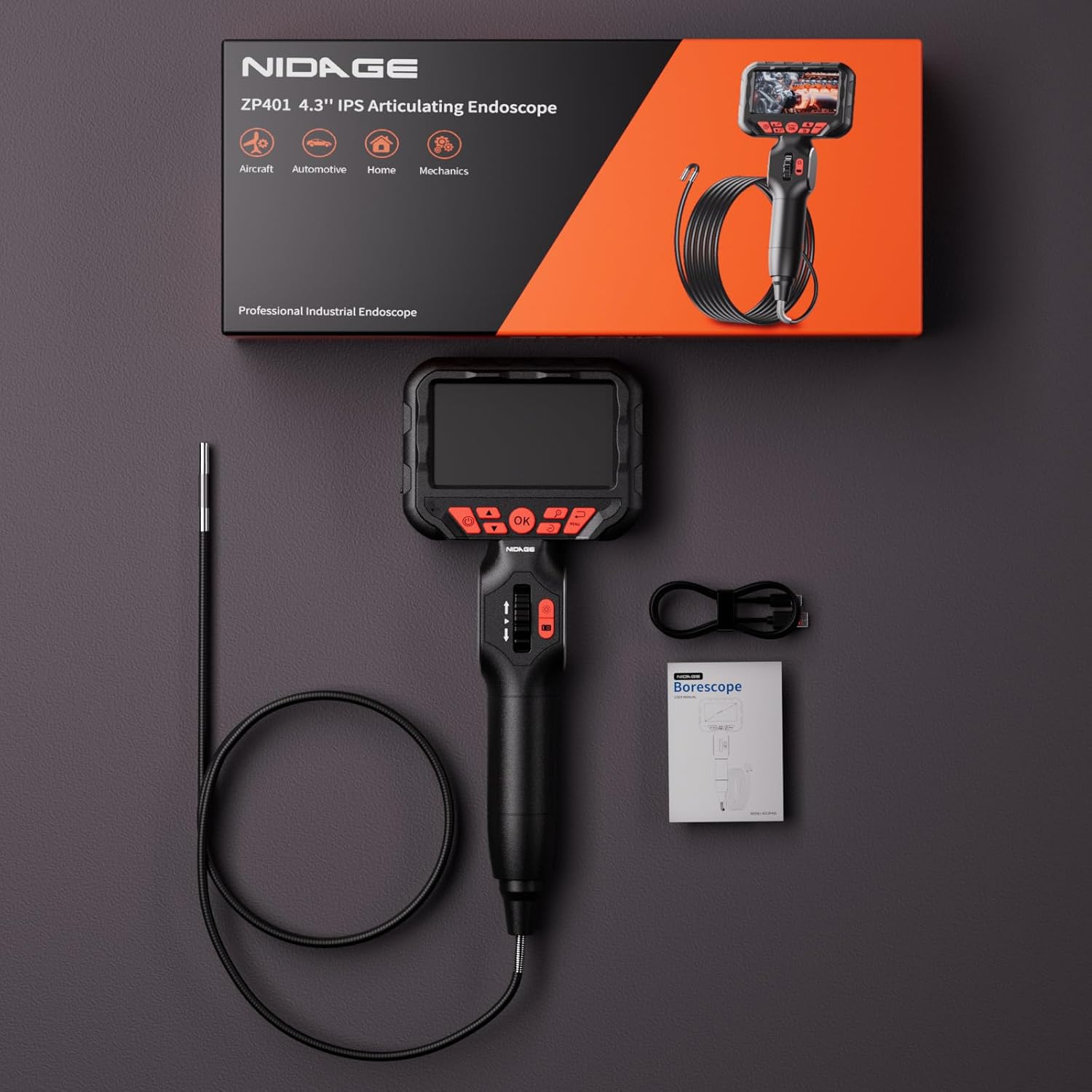 Contents of the NIDAGE borescope package including the inspection camera, charging cable, and user manual.