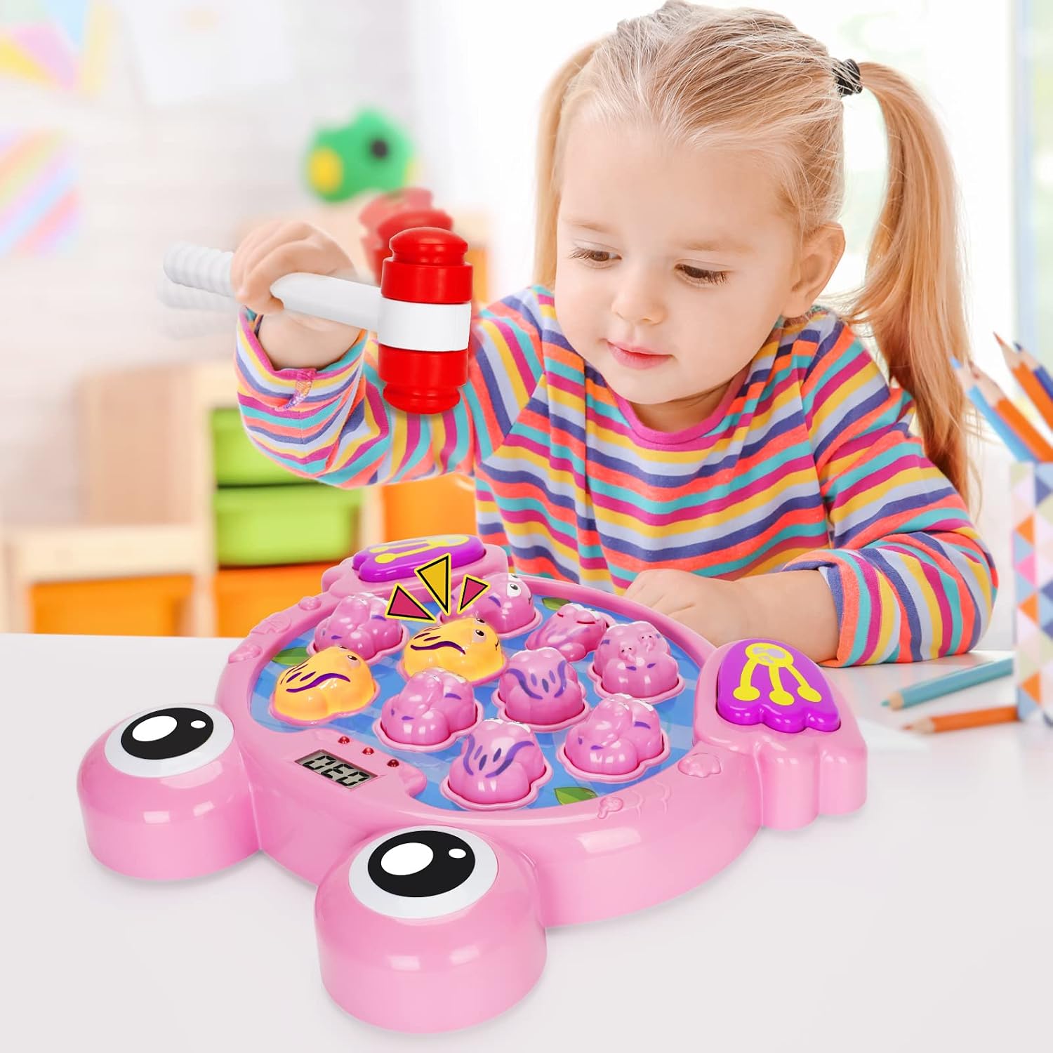 YEEBAY Interactive Whack A Frog Mole Game, Hammering & Pounding Toys for Early Development, Fine Motor Skill Toy with 2 Hammers, Ideal Gifts for 3,4 Girls/Boys/Kids/Toddlers