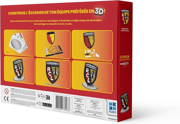 Megableu - Puzzle 3D Écusson RC Lens Officiel – Maquette À Monter sans Colle Ni Outils –Licence Officielle - Puzzle Foot Enfants dès 7 Ans - Objet Déco – Activité Manuelle – Cadeau Supporter RCL - 3