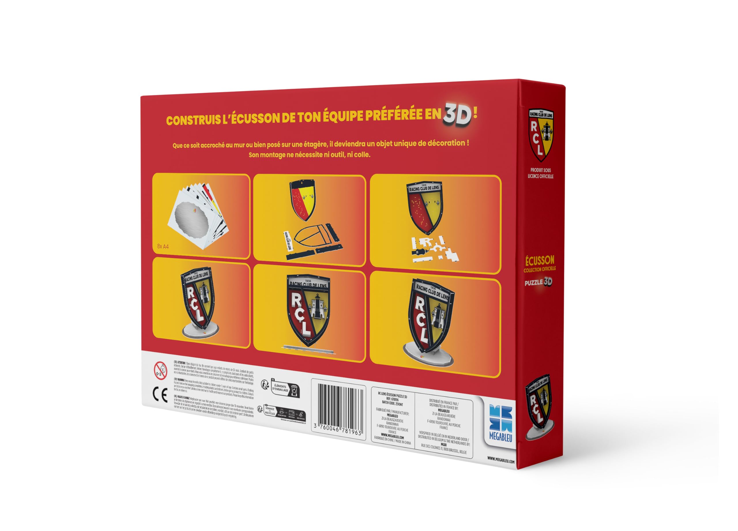 Megableu - Puzzle 3D Écusson RC Lens Officiel – Maquette À Monter sans Colle Ni Outils –Licence Officielle - Puzzle Foot Enfants dès 7 Ans - Objet Déco – Activité Manuelle – Cadeau Supporter RCL