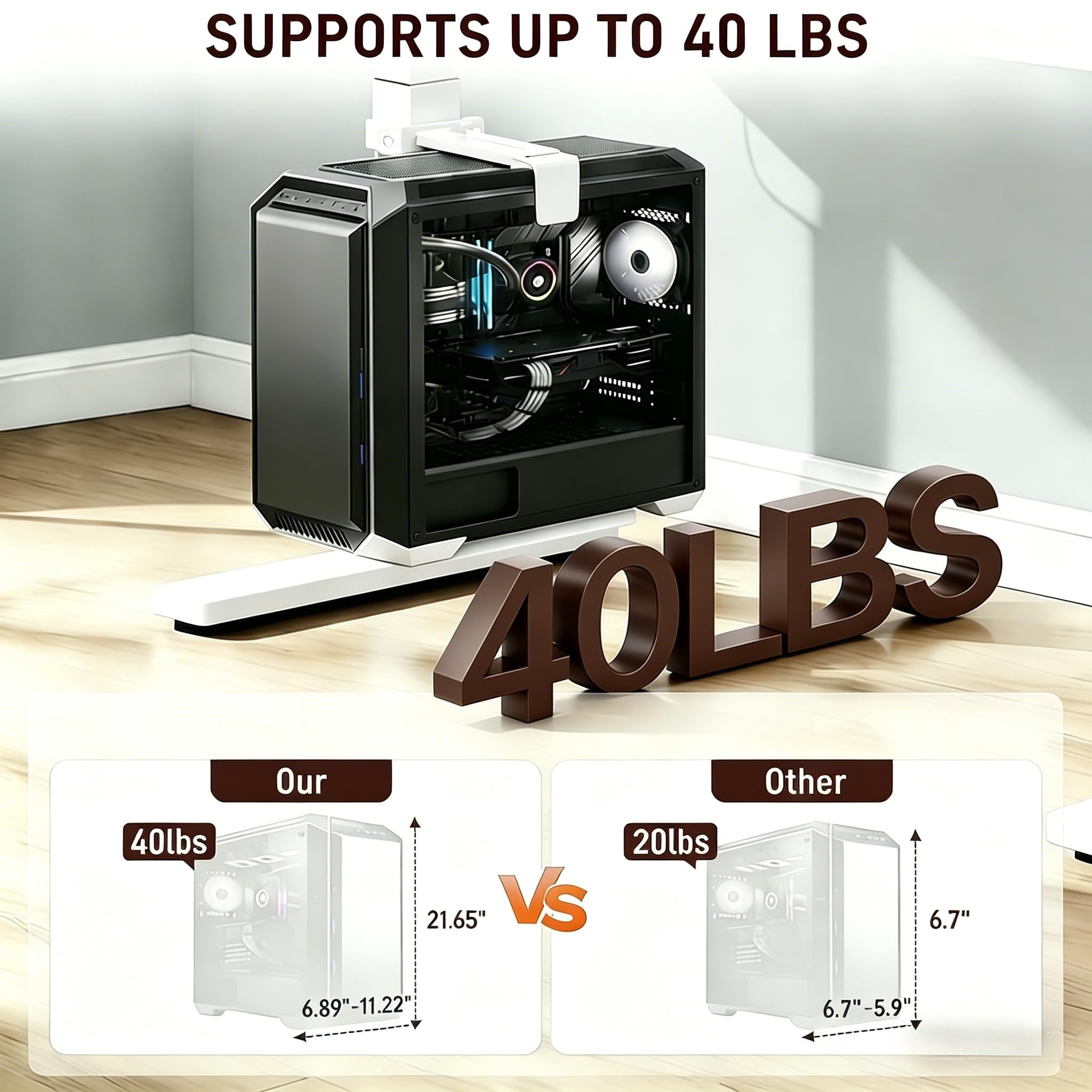 Verstellbare PC-Halterung unter dem Schreibtisch, Ohne Bohren, CPU-Halter für höhenverstellbare Schreibtische, Belastbar bis 18 kg (40 lbs), Nur für Tischbeine 80×50 mm (L×B), Einfache Montag (White)