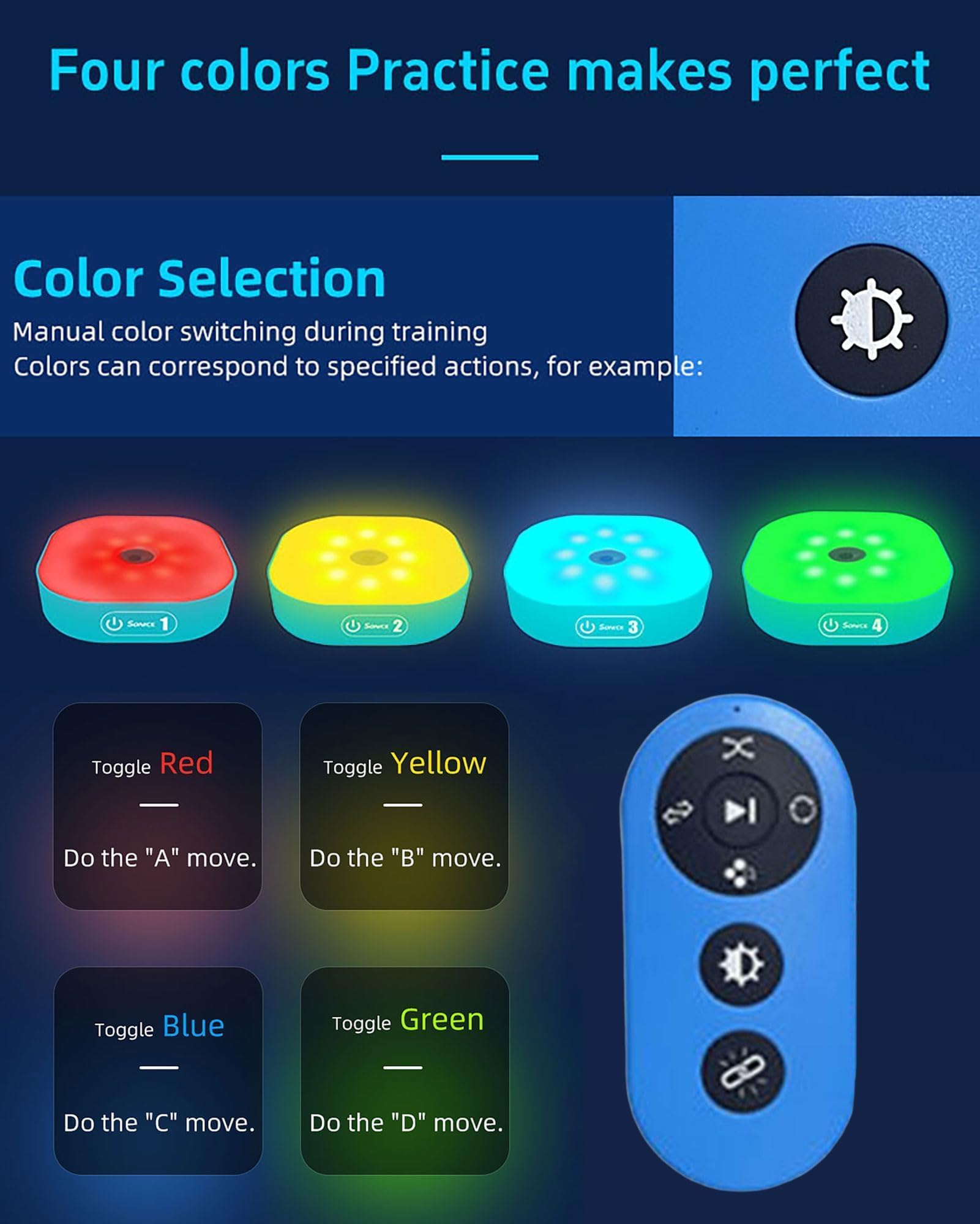 Luces de entrenamiento de reacción con control remoto, 4 modos y 4 colores