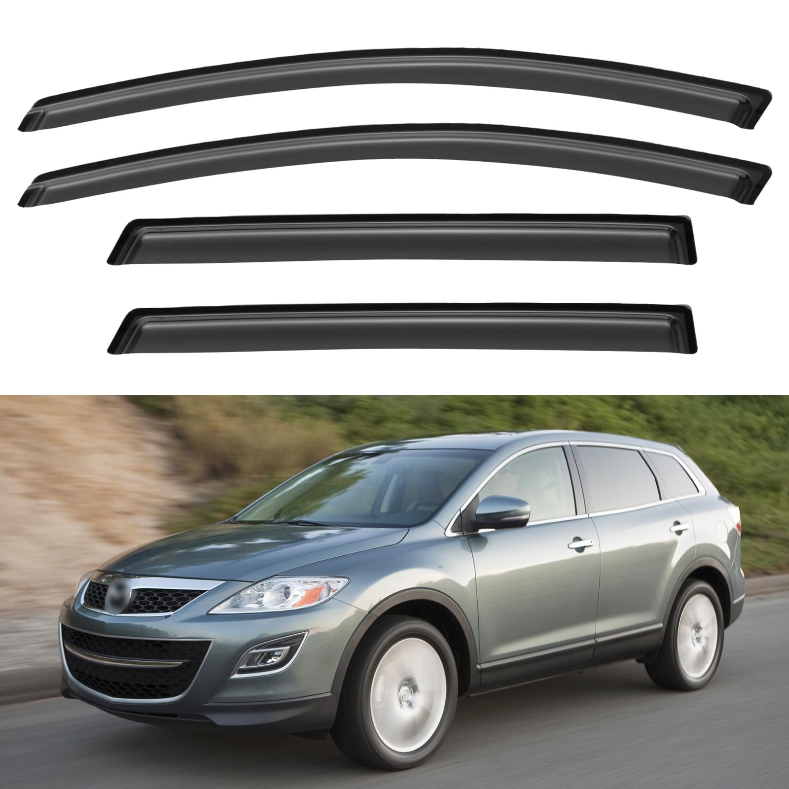 Window Visors Rain Guards for 2007-2015 Mazda CX9 CX-9 | Out-Channel Window Vent Wind Deflectors Visors Shades Protectors for 07-15 Mazda CX 9
