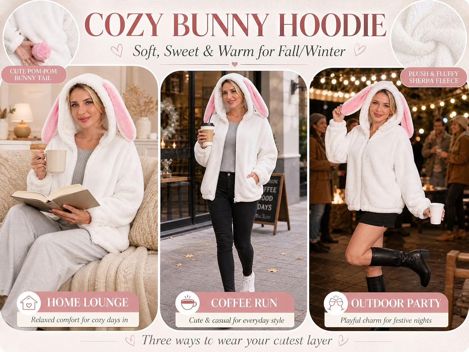 acdiac Fluffy Kawaii Bunny/Bear Hoodie Ears&Tail Animal Top Cute Rabbit Zip Jacket Winter Women Girl Sweet Sweater Coat