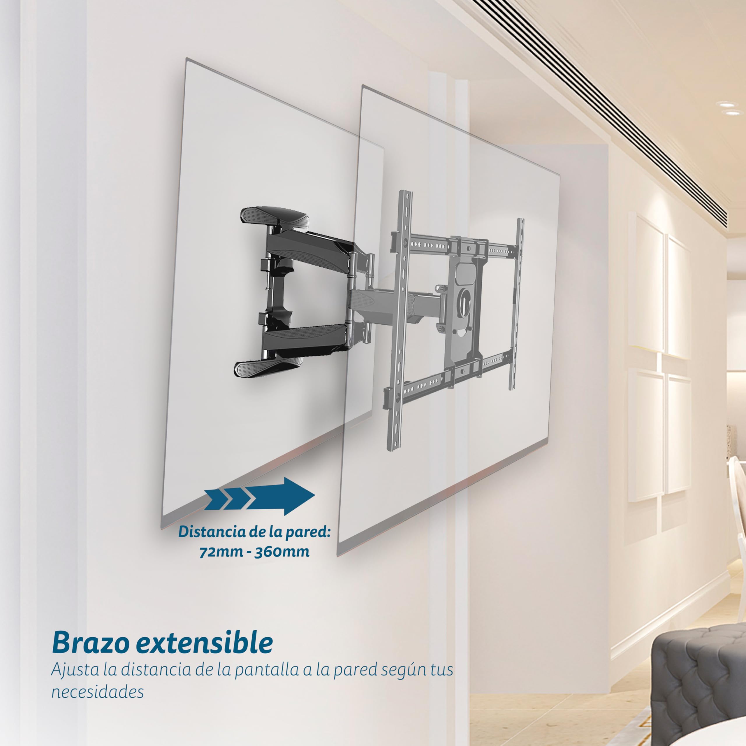 Soporte TV Pared Articulado GRUNKEL SP-60X40AT para Pantallas de 40” a 75”, Ajuste VESA 100x100 mm a 600x400 mm, Inclinación -2° a +10°, Giro Horizontal 100° a 140°, Soporta hasta 45 kg