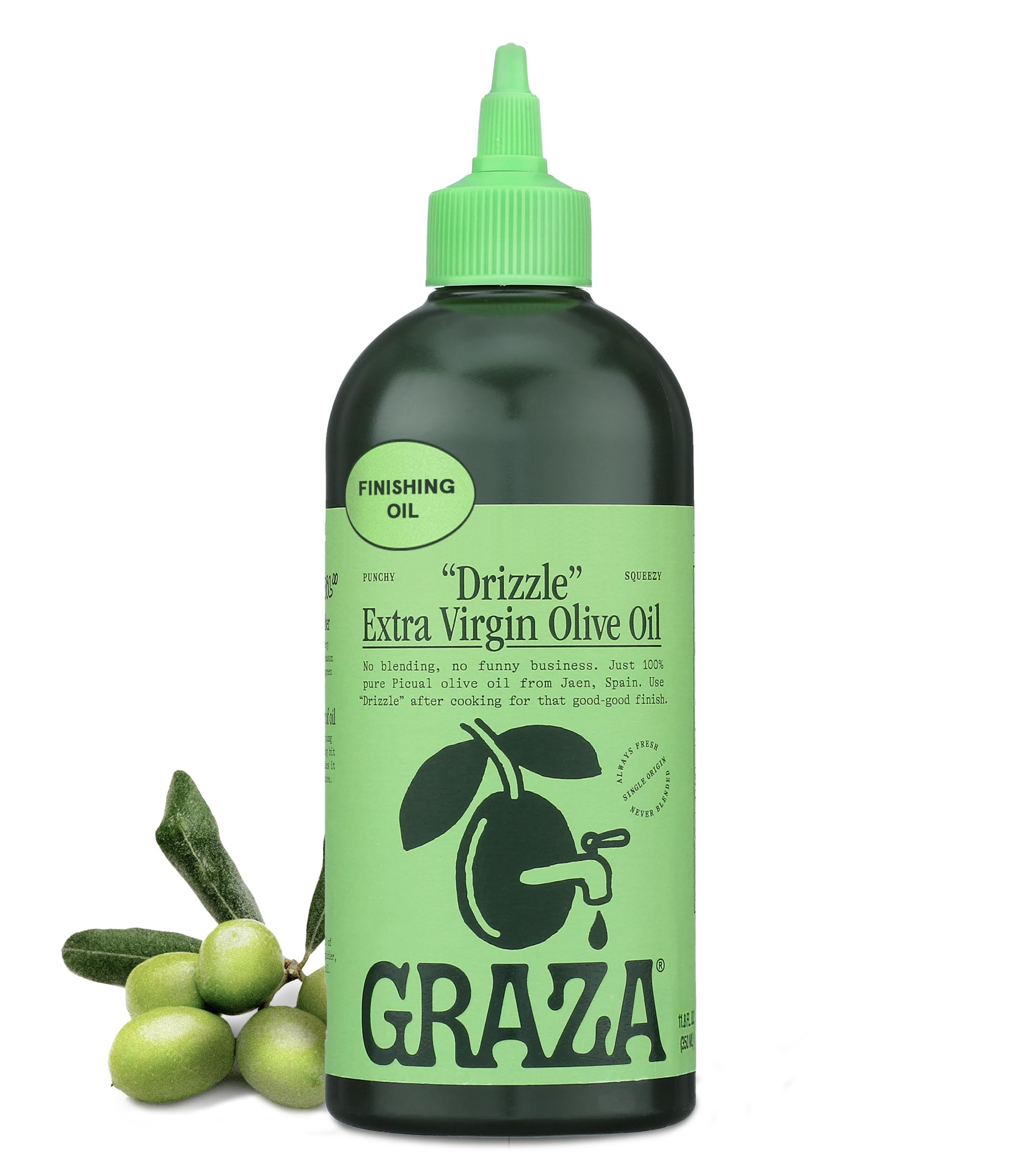 GrazaDrizzle Extra Virgin Olive Oil, Finishing Oil - High Polyphenol Early Harvest EVOO Finishing Oil in a Squeeze Bottle - Single Farm Olives from Spain - 16.9 Fl Oz (350ml)