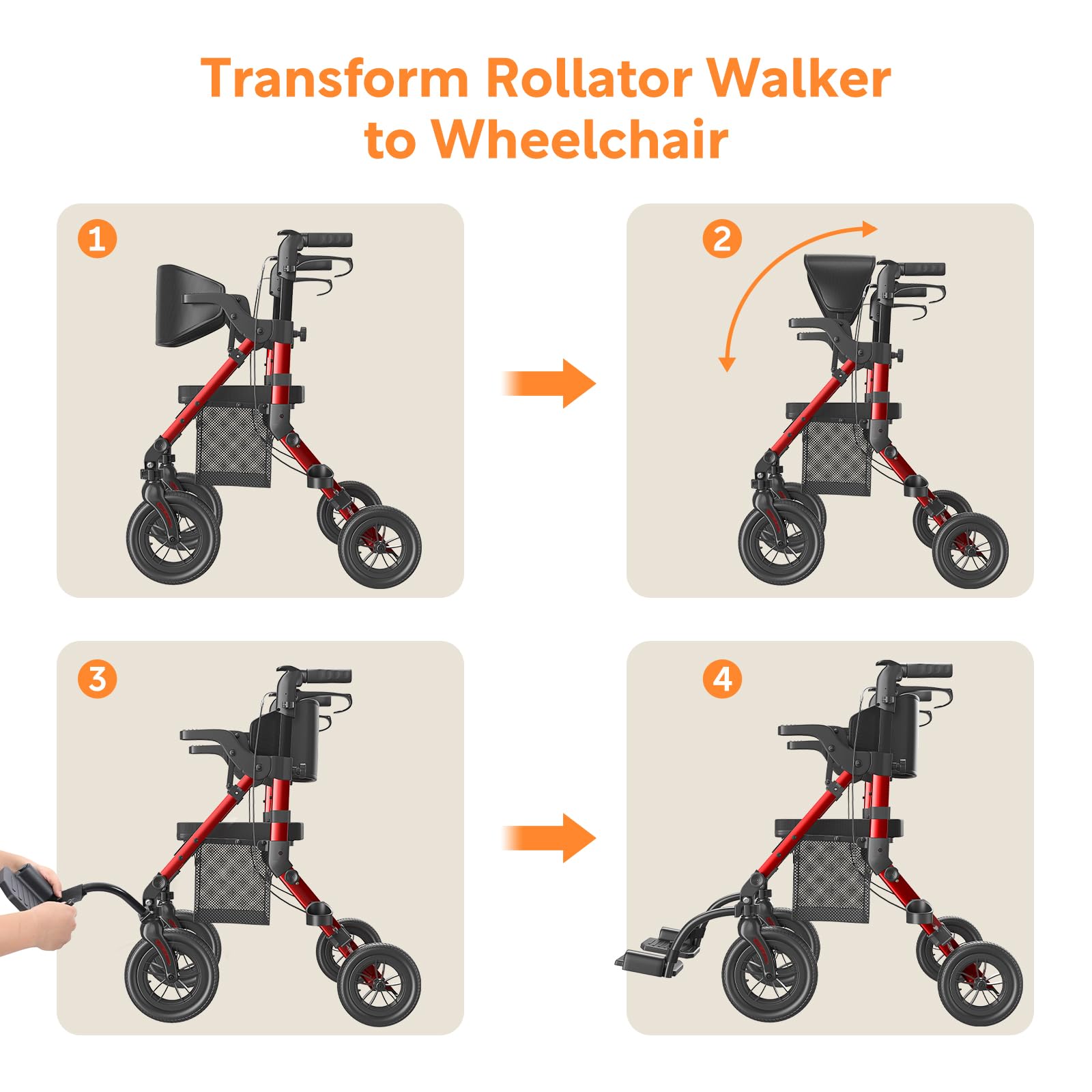 VOCIC 2 in 1 Rollstuhl Rollator Faltbar Leicht mit Sitz,Outdoor Gummireifen | Z51 Allen Gelände,Leichtgewicht Rollatoren mit Netztasche,Aluminium Gehhilfer Transport-Stuhl,Rot (5 Jahre Support)