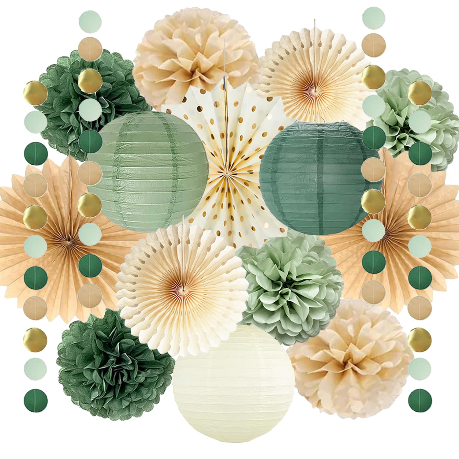 Sage Green Beige Party Decorations Paper Flowers Olive Green Paper Lanterns Tan Cream Fans Circle Dots Garland for Netural Baby Shower Bridal Shower Wedding Boho Birthday Party Decoration