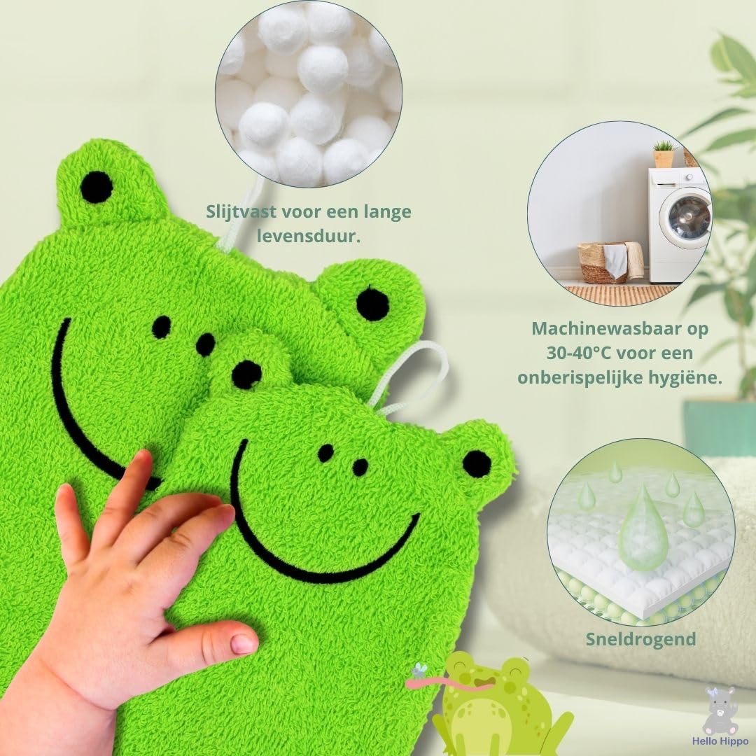 Hello Hippo 6-częściowy zestaw myjek dla niemowląt – 3 dla rodziców i 3 dla dzieci – rękawice kąpielowe z bawełny – motywy zwierzęce: żaba, pisklęta, tygrys – zmywalna myjka dla dzieci