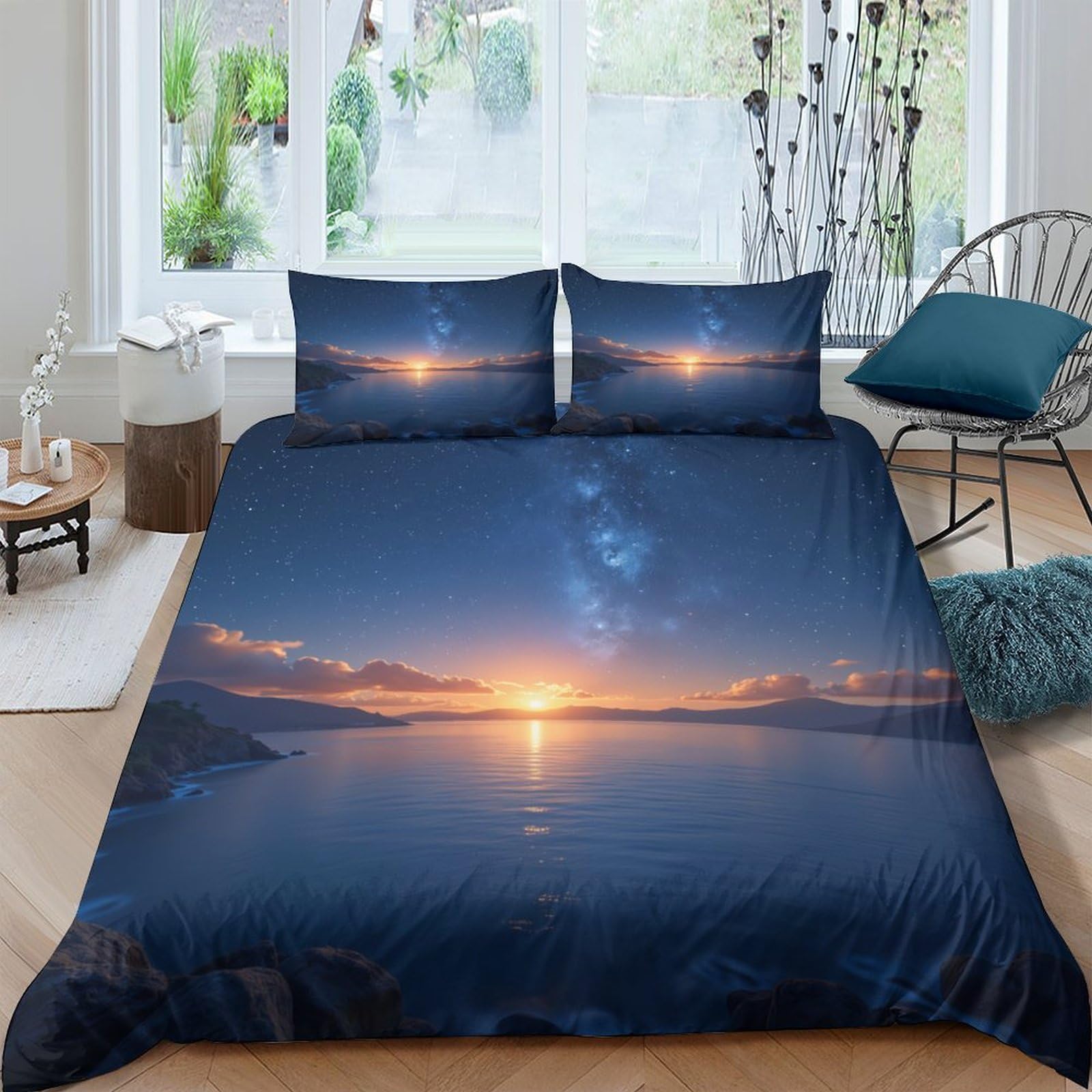 Ctjqhvkz Style-8 3D Printed Sunset Lake Fitted Sheet Microfiber Scenic Twilight Mattress Cover For Bedroom Living Room Decor Single（135X200cm）