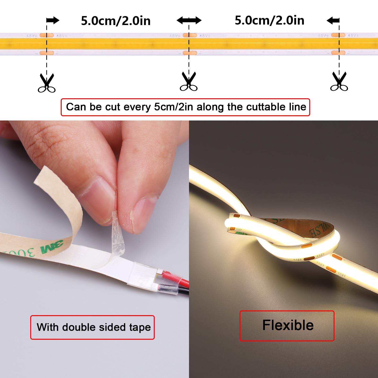 TOPAI Tira LED COB 20M Blanco Natural 4000K, Alto Brillo 15000Lumen, Tira Luz LED 48V Flexible, 480LED/M CRI>93, Adhesivas, Cortable, No Impermeable, para comercial y doméstica Iluminación