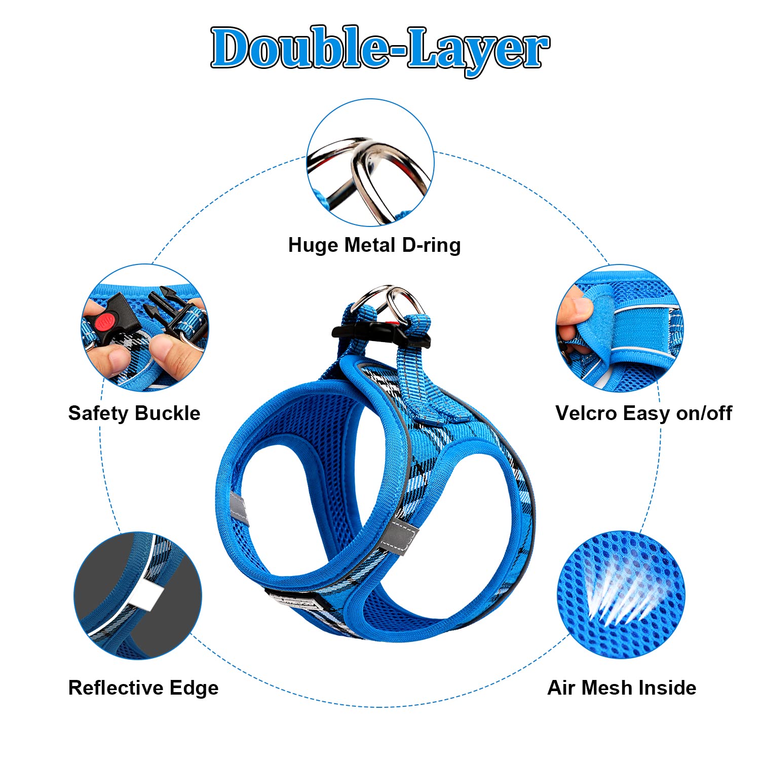 Suredoo Dog Harness and Lead Set, Step-in Breathable Reflective Puppy Cat Dog Vest Harnesses for Small Dogs (XL, Blue Plaid - Image 3