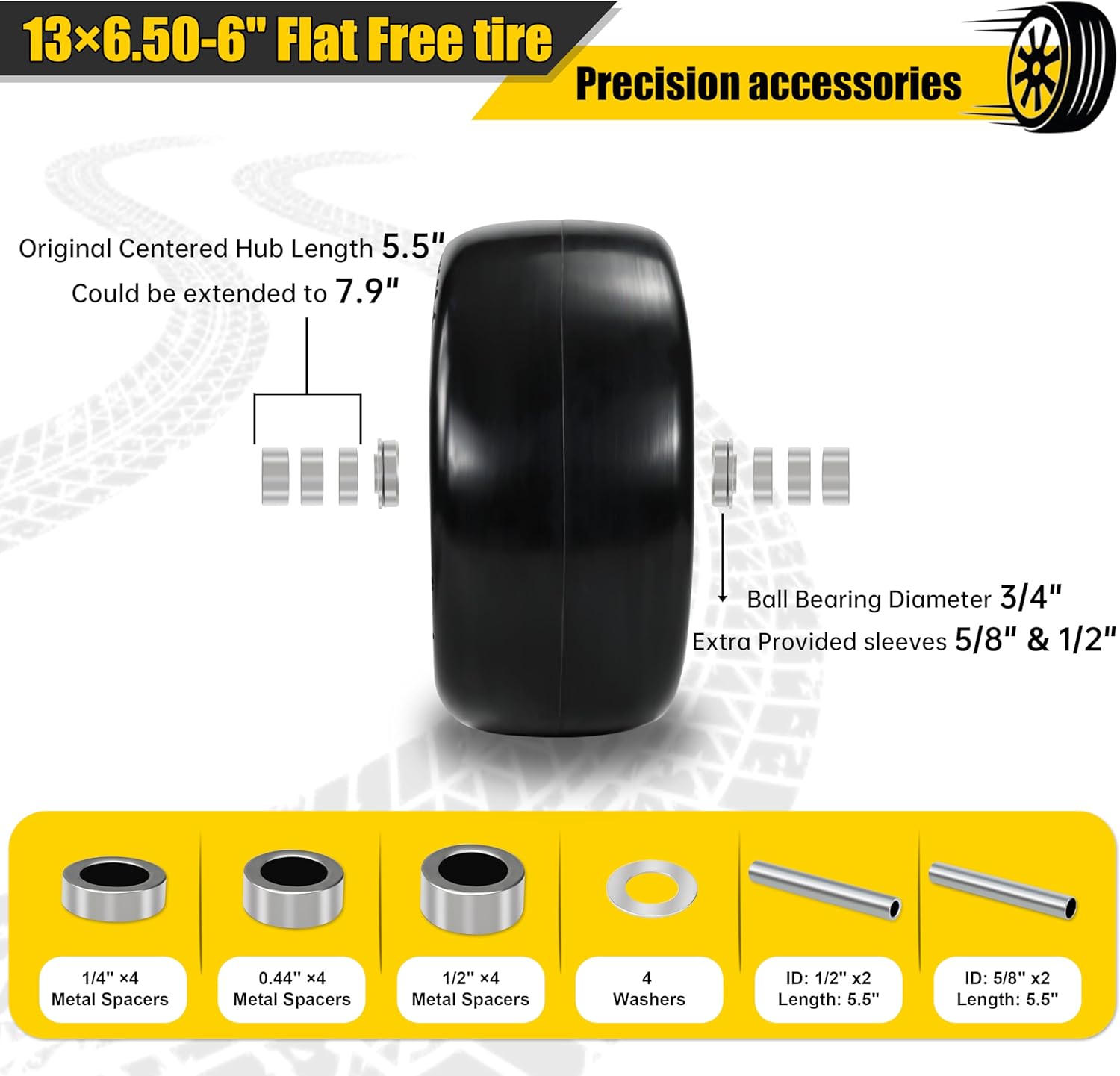 2 Pcs 13x6.50-6 Lawn Mower Tires Flat Free, 13x6.5-6 Solid Tire and Wheel for Zero Turn Lawn Mower, with Precision 3/4" Bearing (Extra 5/8" & 1/2" Sleeves), 5.5"- 7.9" Centered Hub, Black Rim