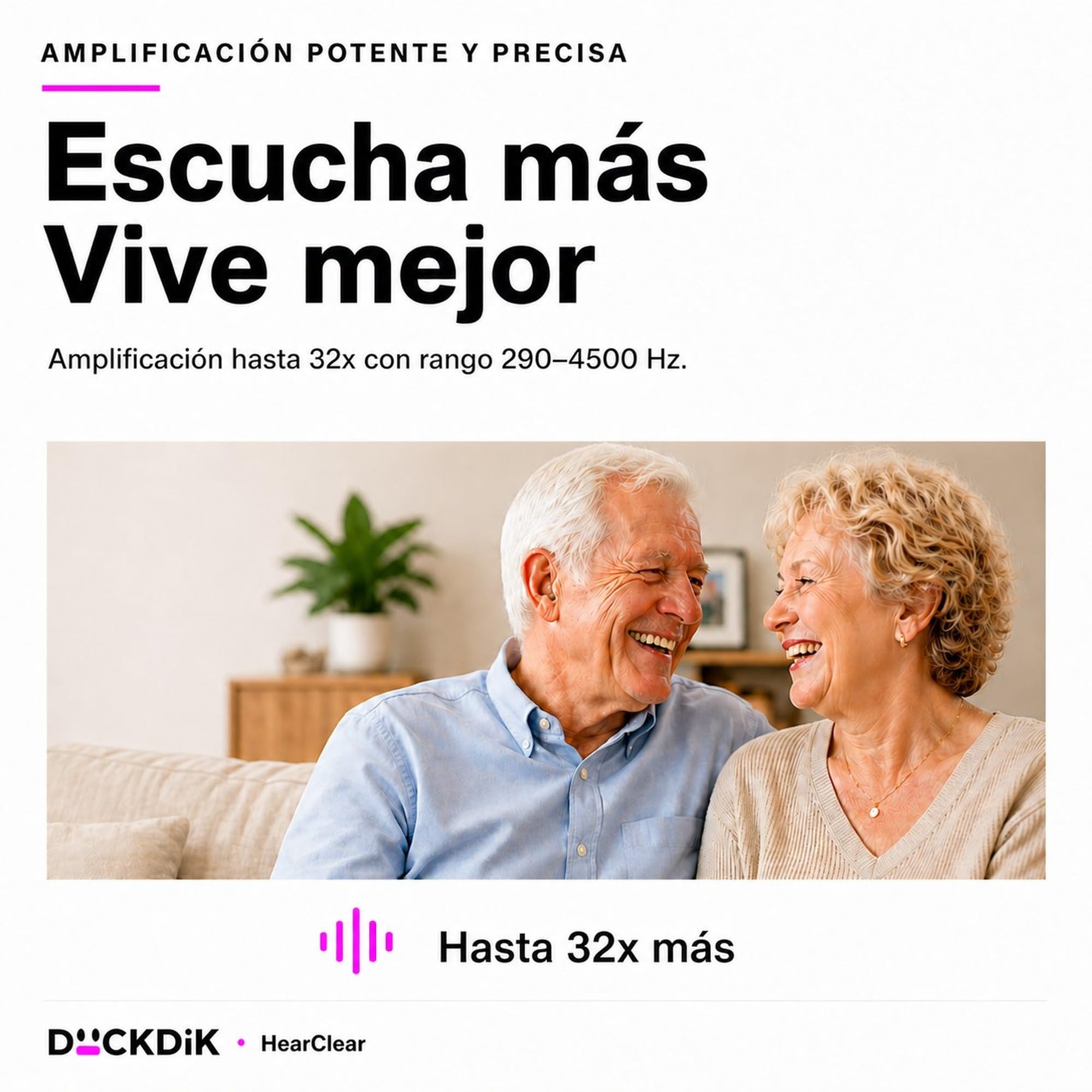 HearClear Amplificador De Sonido Con Estuche De Carga | Diseño Intrauricular Invisible Recargable | Amplifica hasta 32x | 14h Batería | Conversaciones y TV | 3 Tallas Incluidas