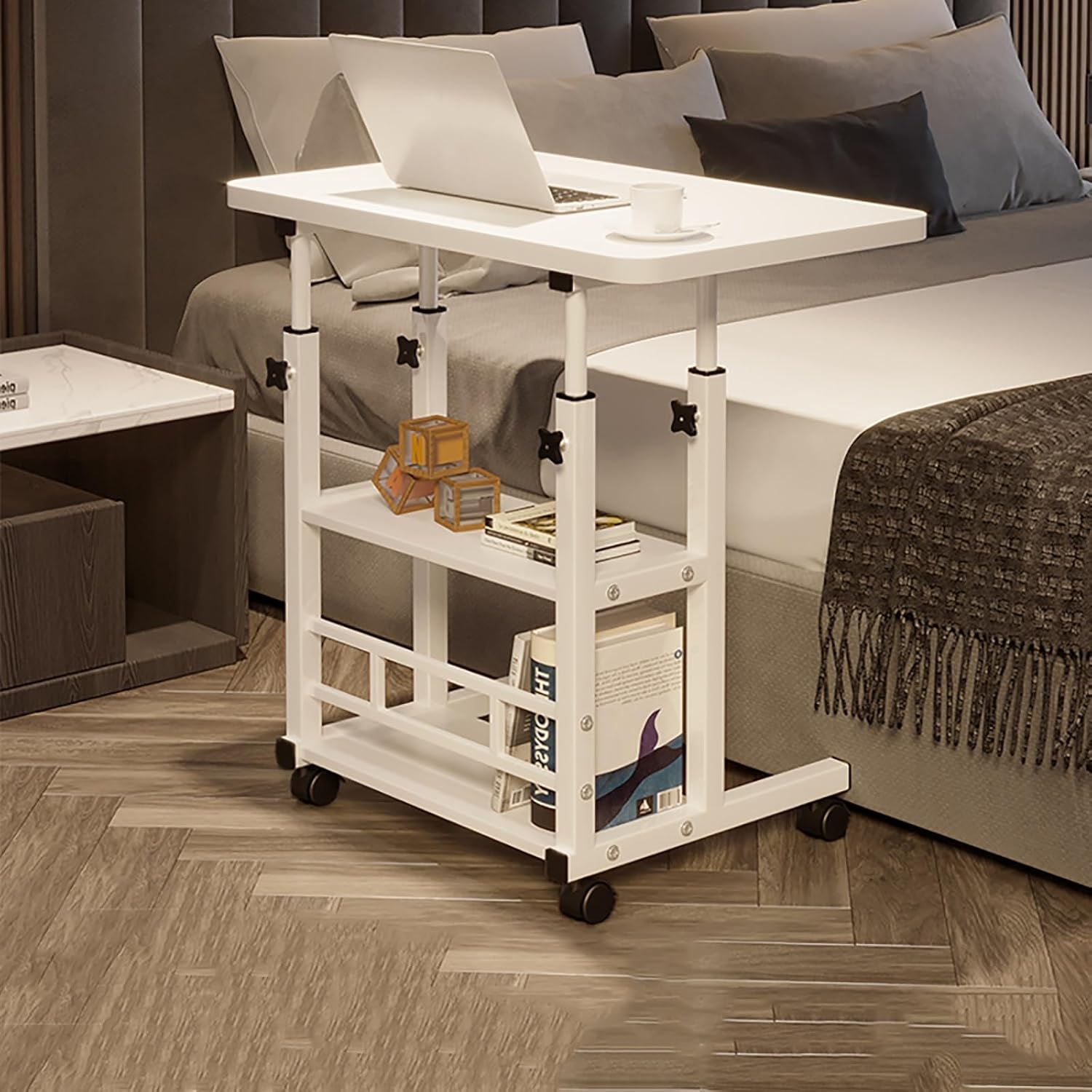 調整可能なホワイトベッドサイドテーブル .: 昇降可能な