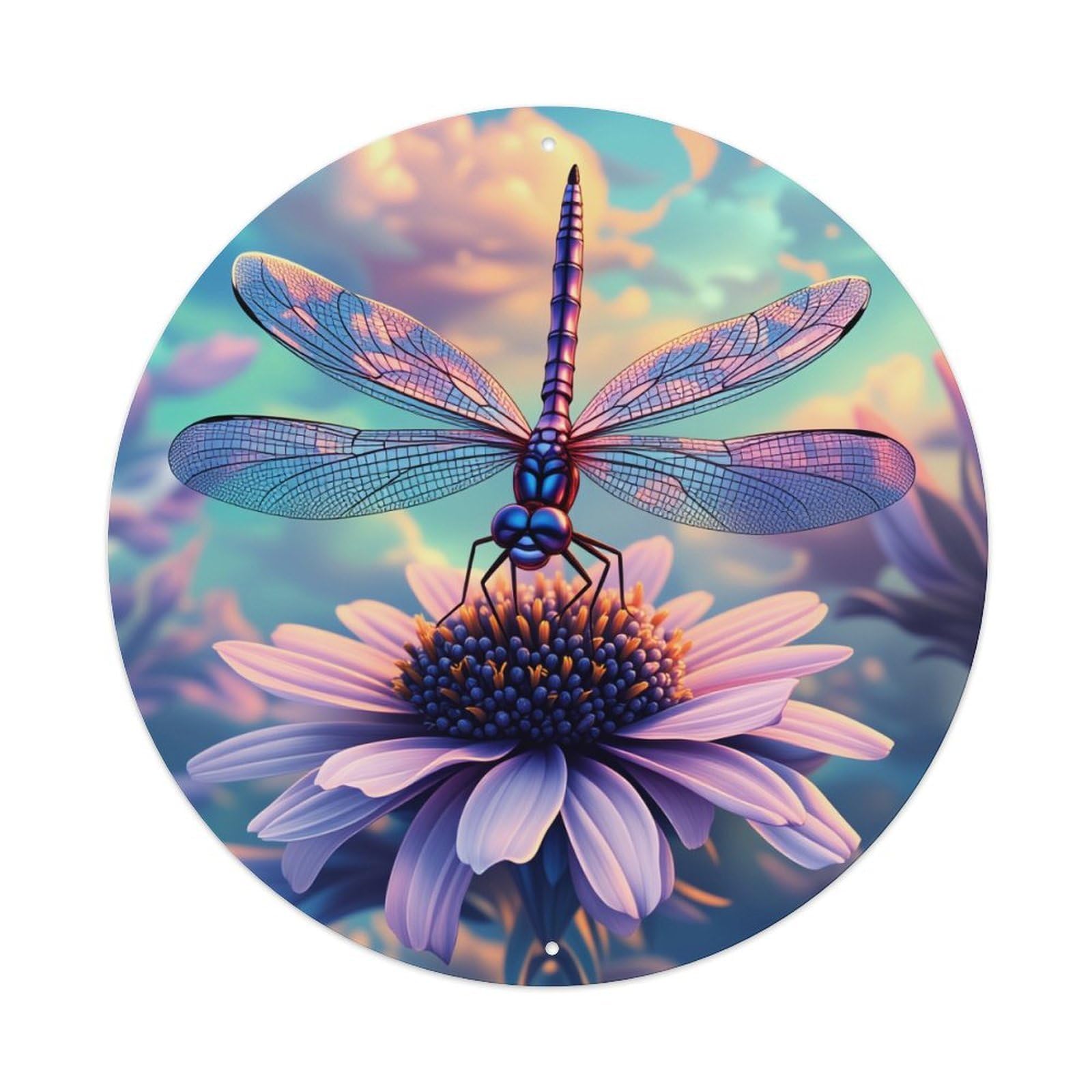 Dragonfly On Purple Flower With Sky Background Round Vintage Tin Sign,Retro Wall Art,Metal Poster for Home, Bar, Garage, Cafe, Rustic Indoor & Outdoor Decor, 8x8 Inches