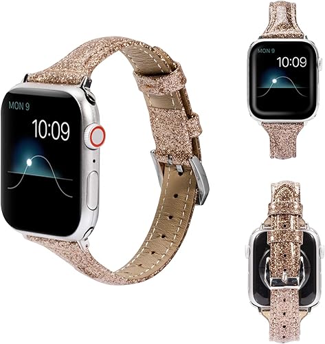 Miniatura 5 de Wearlizer - Correa de repuesto de piel fina con purpurina compatible con correas de Apple Watch de 1.496in, 1.575in, 1.654in, 1.732in, para mujer,