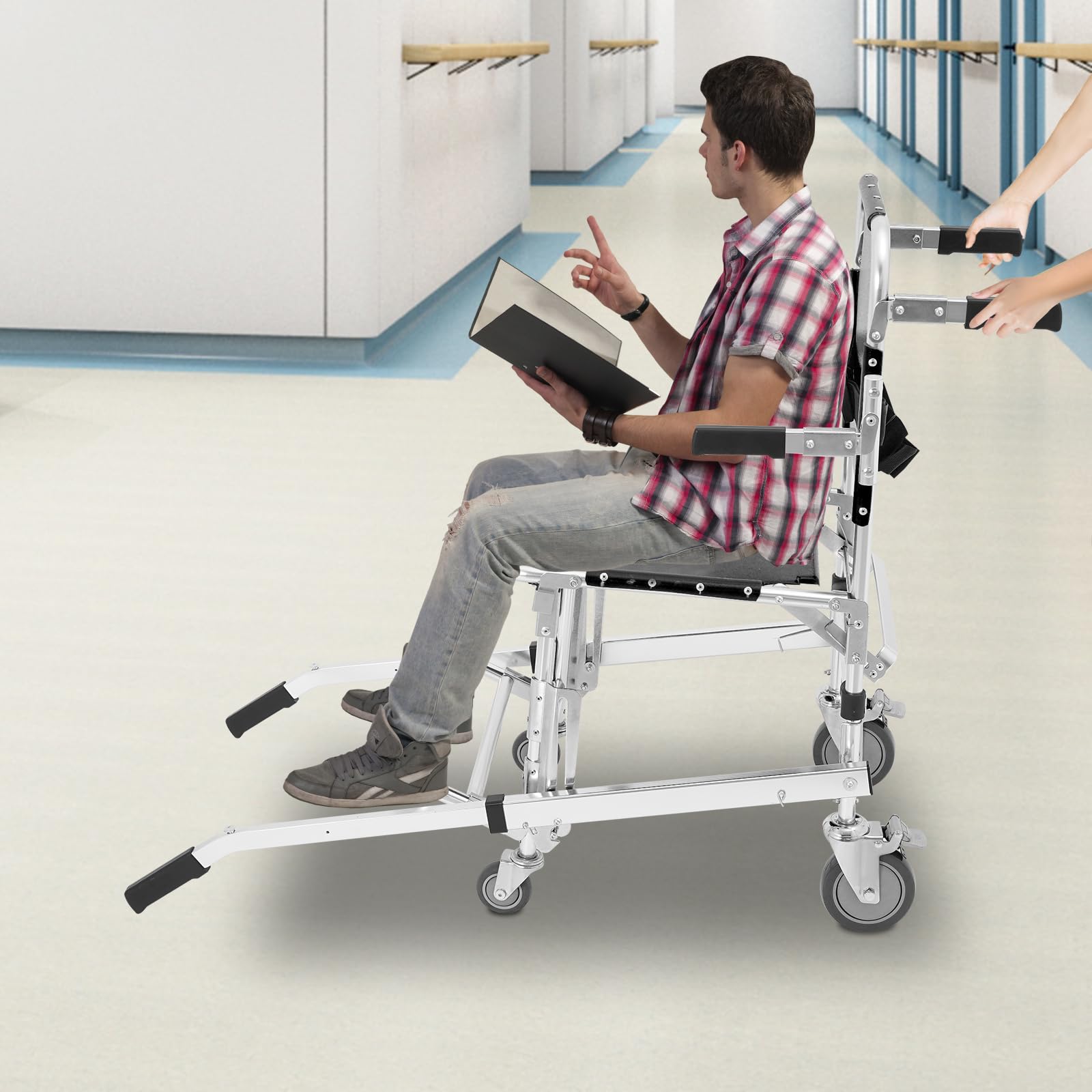 Silla de escalera plegable de aleación de aluminio, 159 kg, capacidad de carga, silla de emergencia, con 4 ruedas universales, 2 cinturones de seguridad, silla de rescate plegable