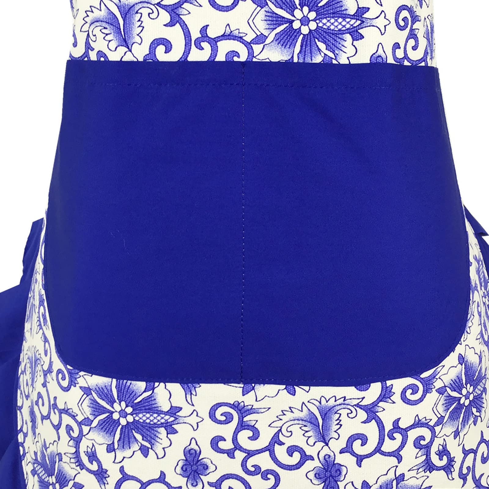 Jolis Tabliers Tablier en toile coton imprimé porcelaine bleu et blanc grand tablier à lacets de poche pour la Cuisine la Pâtisserie et le Jardinage