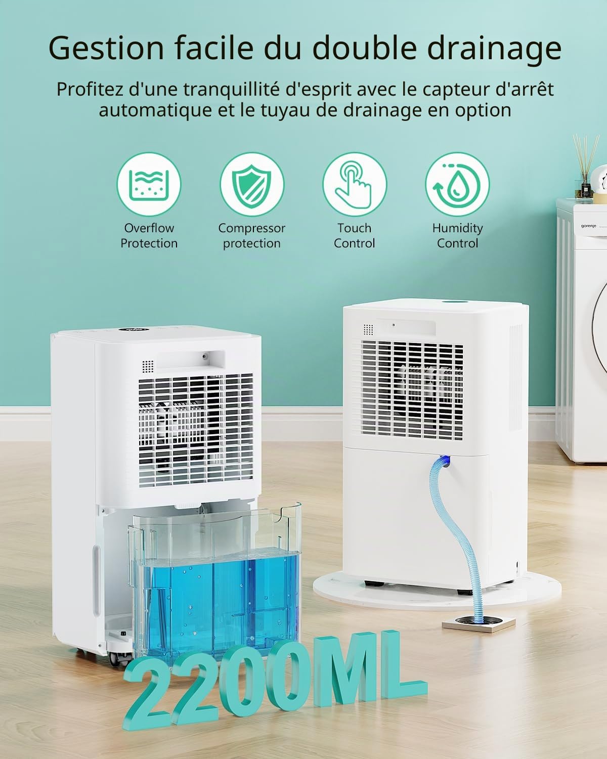 Déshumidificateur Électrique 12L/Jour avec Compresseur, 3 Modes, Silencieux et Basse Consommation, Drainage Continu, Réservoir 2,2 L, Minuterie 24 h, Deshumidificateur d Air pour Maison