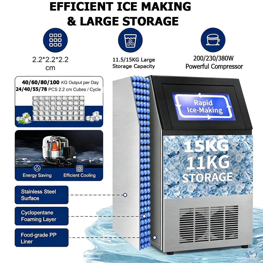 Macchina per Ghiaccio Elettrica,40/60/80/100kg/24h 100kg/24H | Macchina per Ghiacciotavolo Commerciale Fabbricatore Ghiaccio Con Schermo Lcd,Per Casa/Ufficio/Ristorante/Bar/Caffetteria