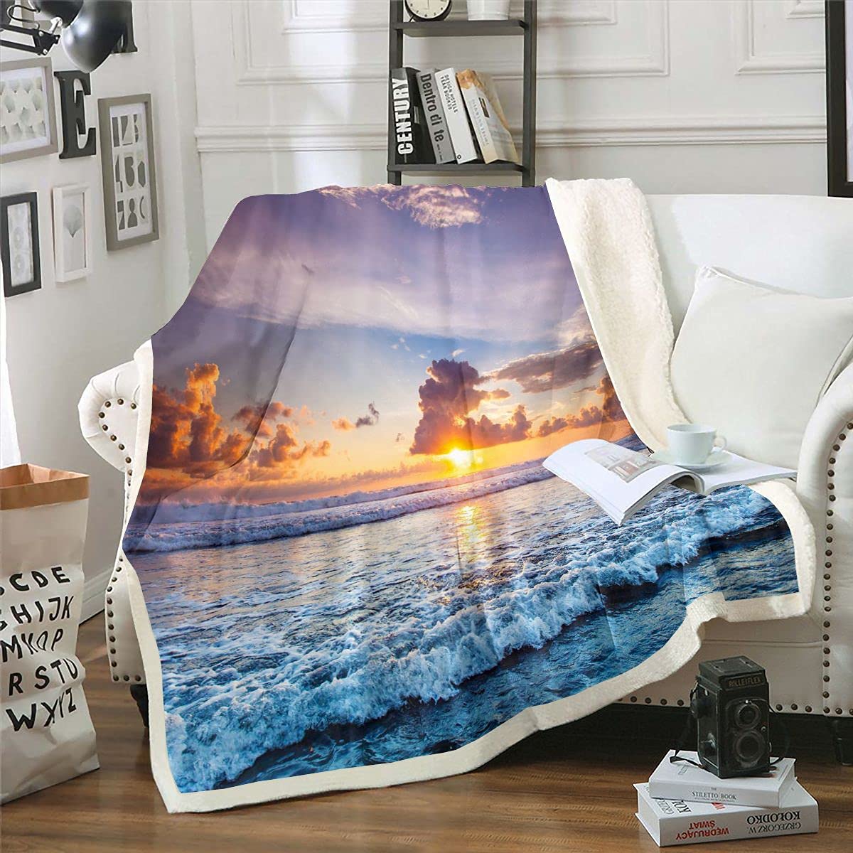 Loussiesd - Coperta in pile con delfini, motivo oceanico, per letto