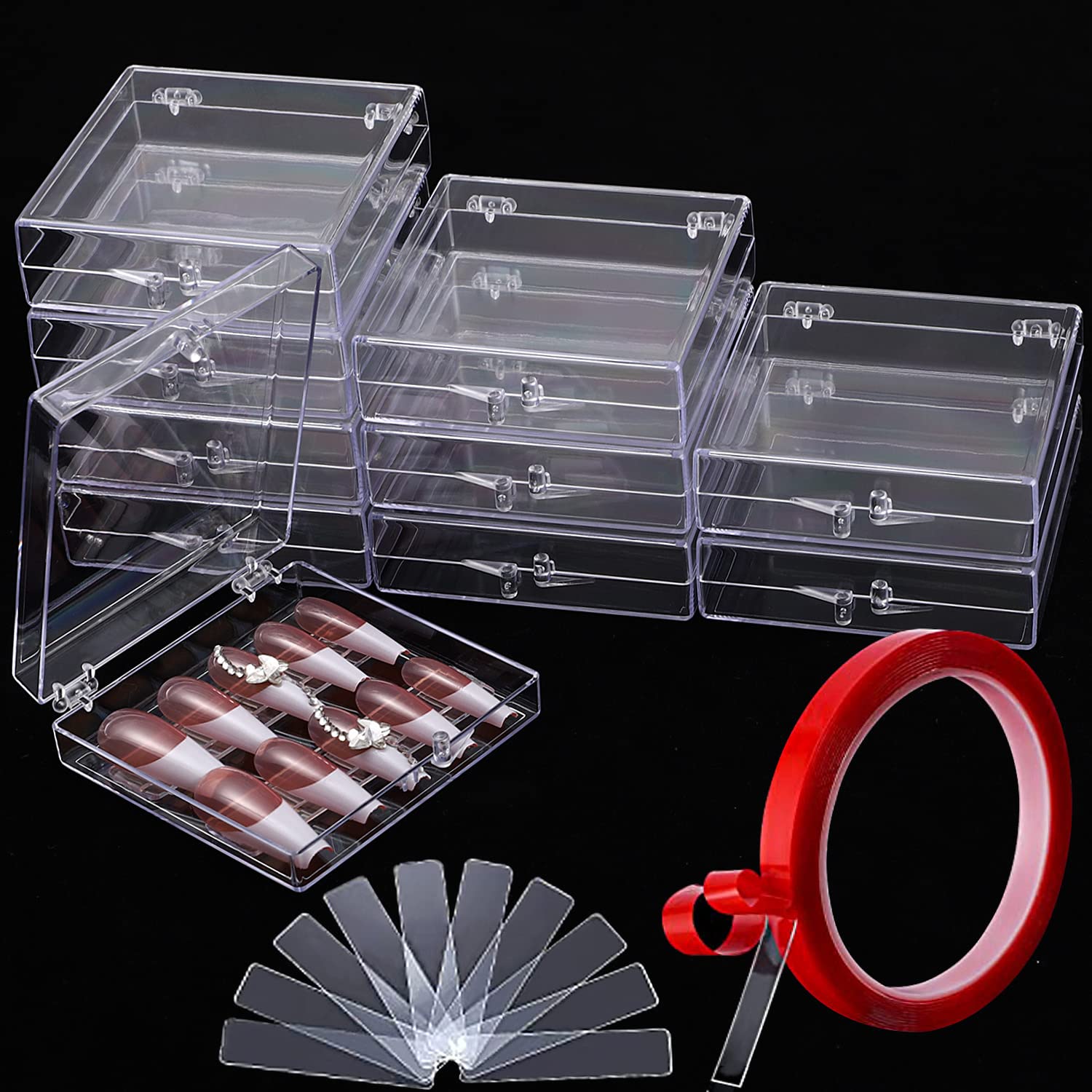 Noverlife10PCS Press On Nail Storage Box, 2.6x2.6 inch / 6.5x6.5cm Clear Empty Plastic Nail Tips Storage Box with Arcylic Nail Display Sticks, Nail Glue Double Sided Tape for Press on False Nail