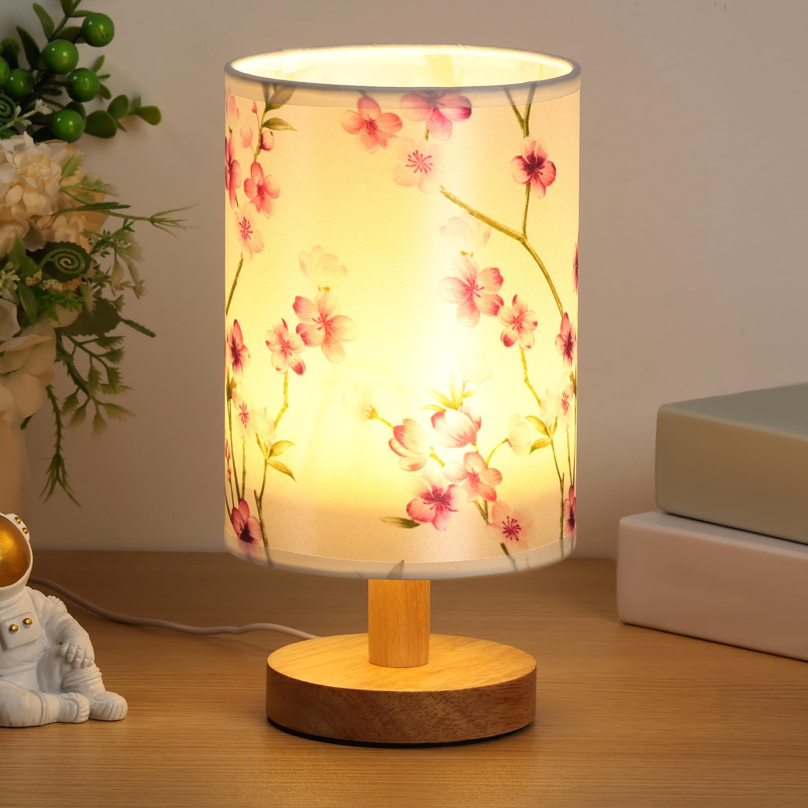 HAIJED Bedside Table Lamp, Vintage Small Bedside Night Lamp with Linen Fabric Lampshade and Wooden Base