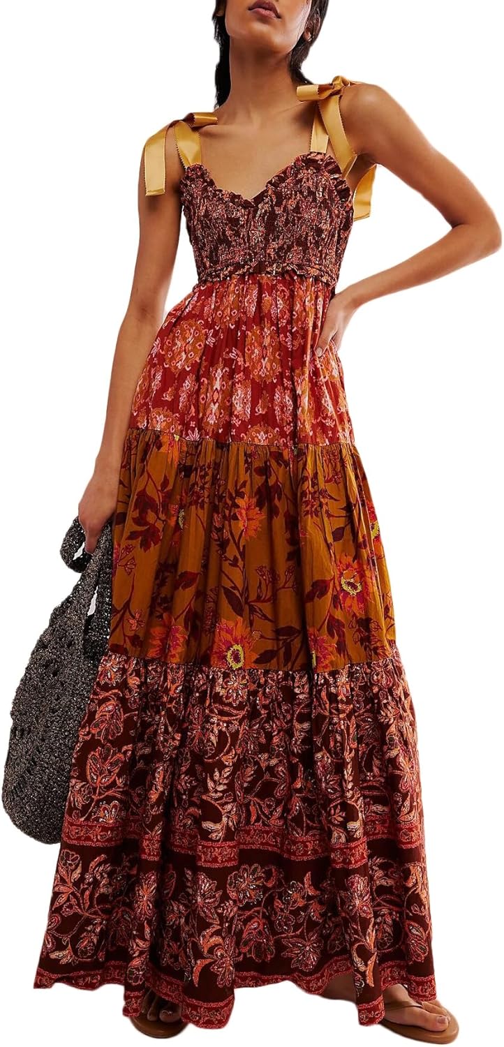 Women Summer Floral Maxi Dress Sleeveless Tie Shoulder Bohemian Flowy Smocked Dresses Casual Sundress with Pockets