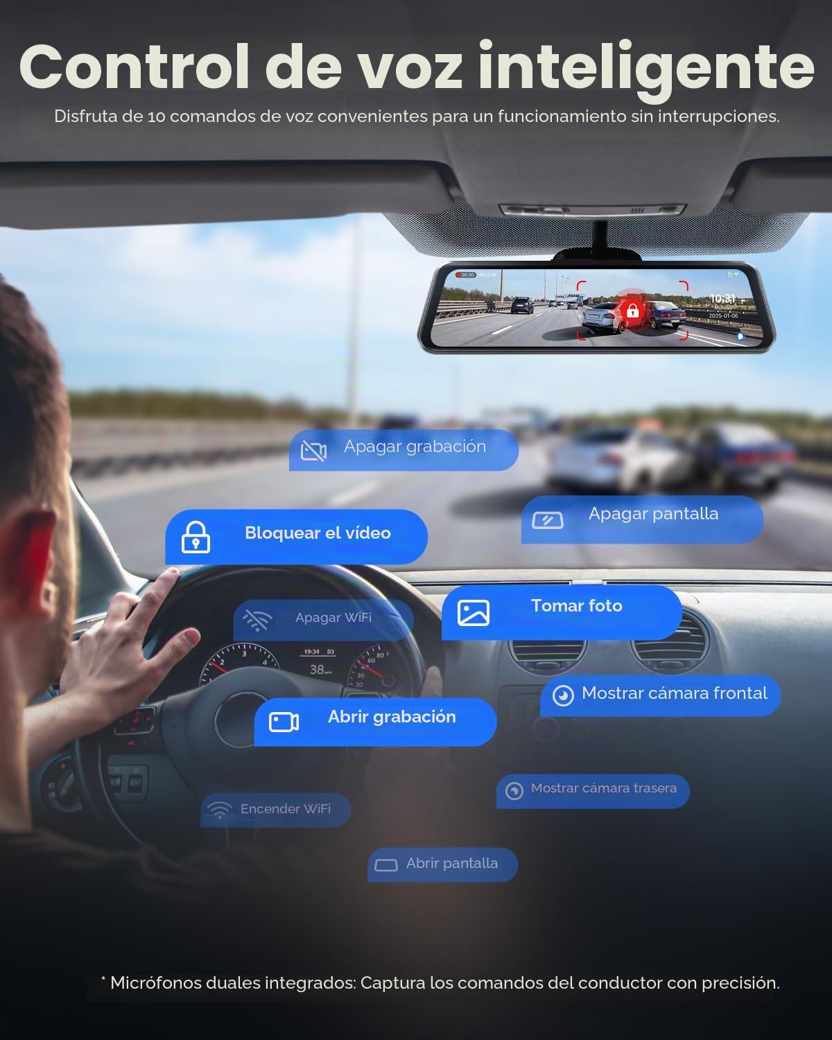 AZDOME Cámara para salpicadero de coche con espejo 4K, parte delantera y trasera de 2,5 K, cámara de coche WiFi 5G, tarjeta de 64 GB incluida, cámara de salpicadero de visión nocturna, GPS, control