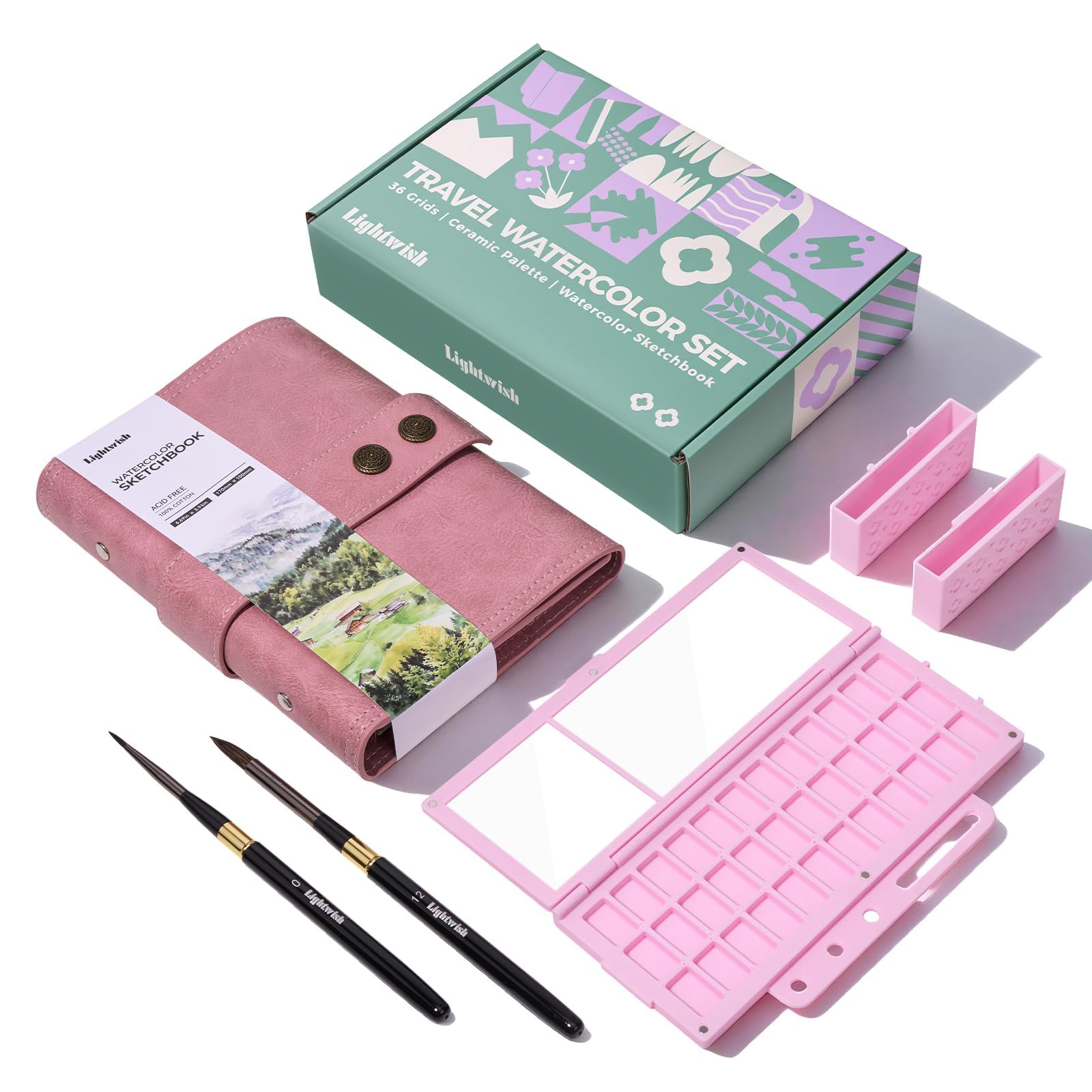 Lightwish Travel Watercolour Sketchbook Set โ Loose-Leaf Binder, 100% Cotton Cold Press, 17x10CM Art Journal with 36-Well Ceramic Palette & 2 Brushes โ for Artists, Outdoor Painting, Pink