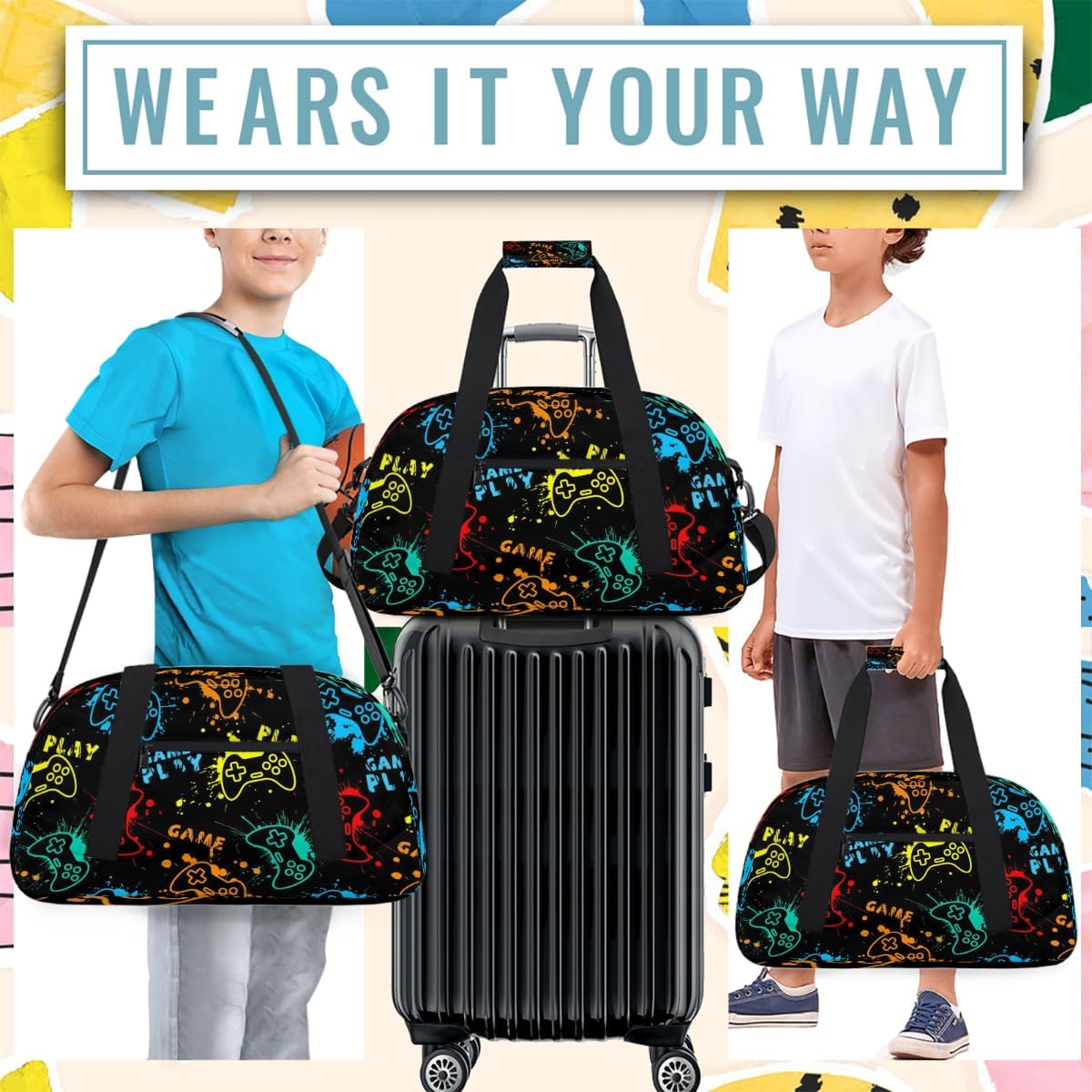 Kids Travel Duffle Bag - Large Sports Gym Bags Duffel Tote for Boys Girls Carry On Weekender Overnight Sleepover Bag(Game Video)