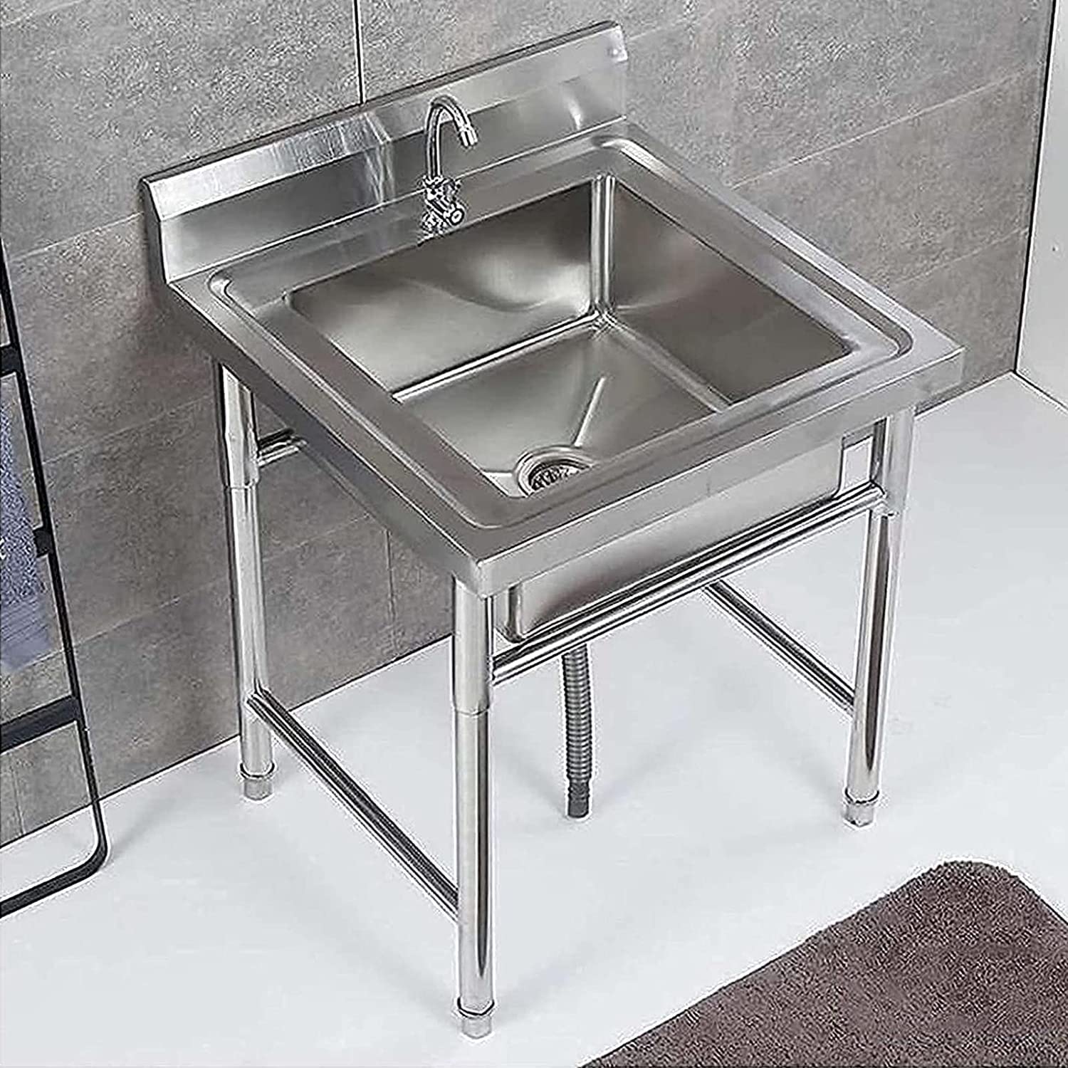 Lavello da Cucina in Acciaio Inox a Vasca Singola, Quadrato, da Incasso, autoportante, con Rubinetto, per Interni, Esterni, Bagno, Ristorante, Stile Rustico.