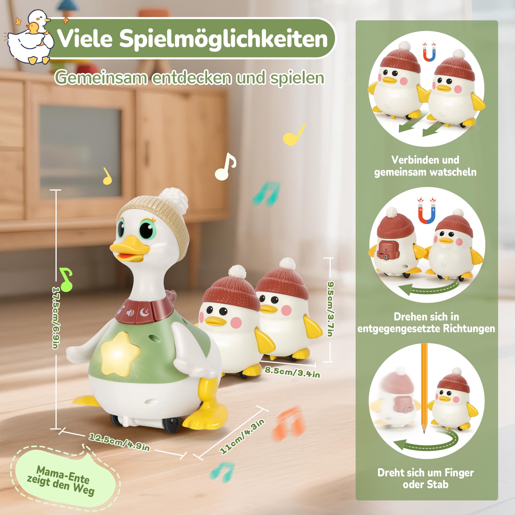 Baby Spielzeug 6-12 Monate, Krabbelspielzeug Baby mit Licht und Musik, Entenfamilie Spielzeug für Bauchlage, Babyspielzeug ab 6 Monate, Tummy Time Toys, Geschenk für Jungen und Mädchen