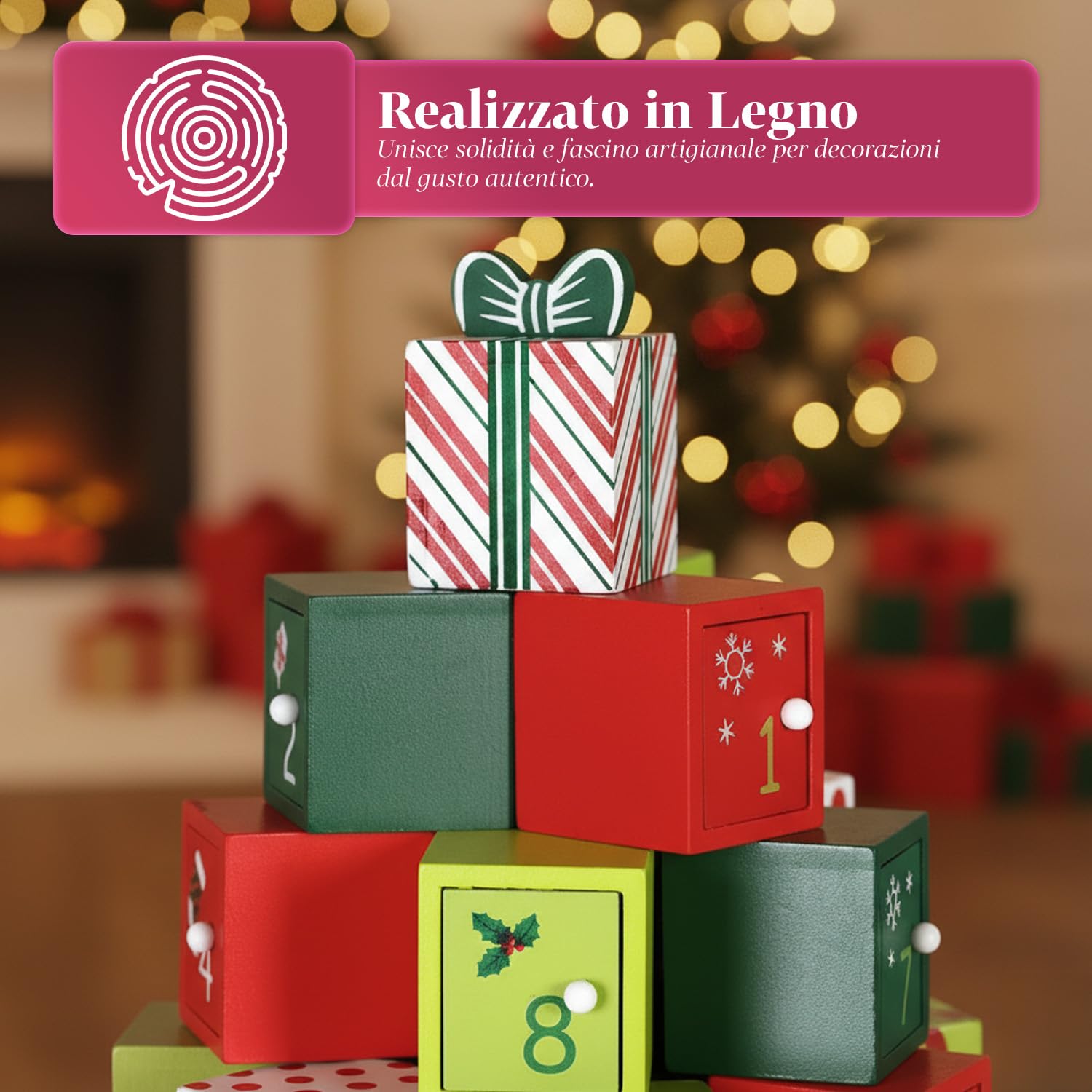 Wintem Adventskalender 2025 mit 25 dekorativen, wiederverwendbaren Schubladen für Weihnachten, DIY Geschenkidee, edler Holz-Adventsbaum für Süßigkeiten und Überraschungen