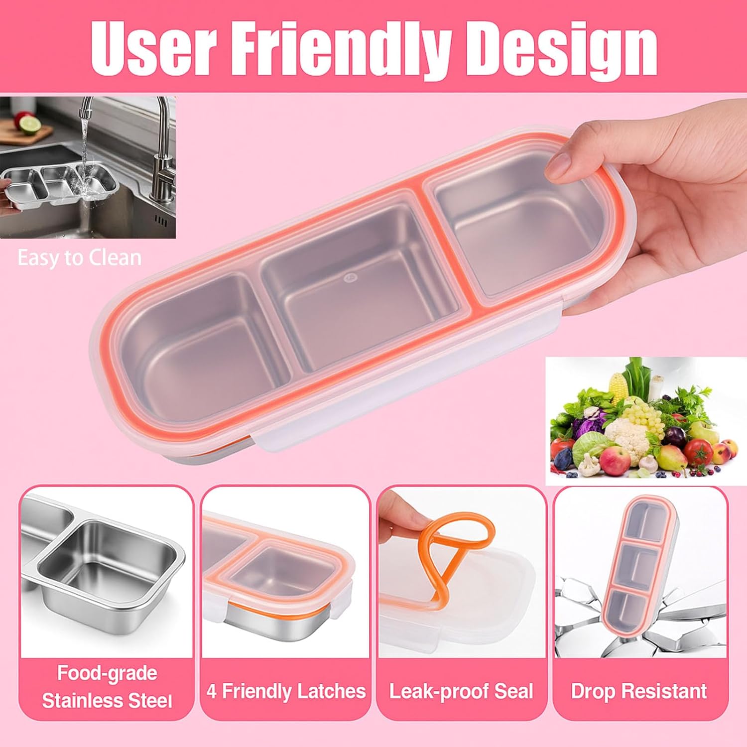6PCS Premium Stainless Steel Lunch Box, 2&3 Compartments Bento Containers, Leakproof Metal Seamless One-Piece Design, Reusable, Family Healthy Choice for Meal Prep, Travel, Picnic, Office (orange)