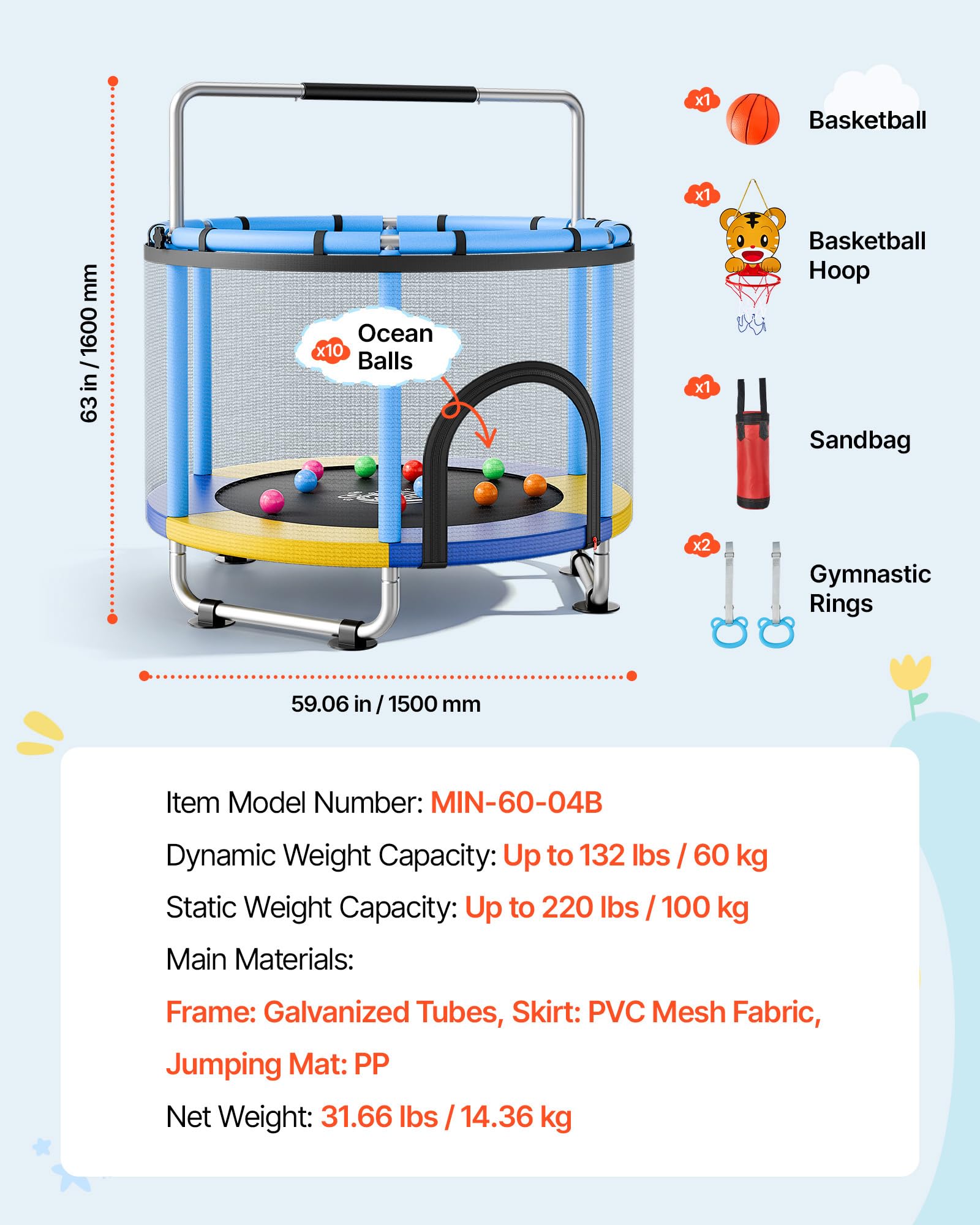 VEVOR Trampolino Elastico per Bambini Carico 60kg con Rete di Protezione, Mini Trampolino Tappeto Elastico Integrato in PVC per Rimbalzo Manubrio a 3 Livelli Rete di Protezione per Bambini 3-12 Anni