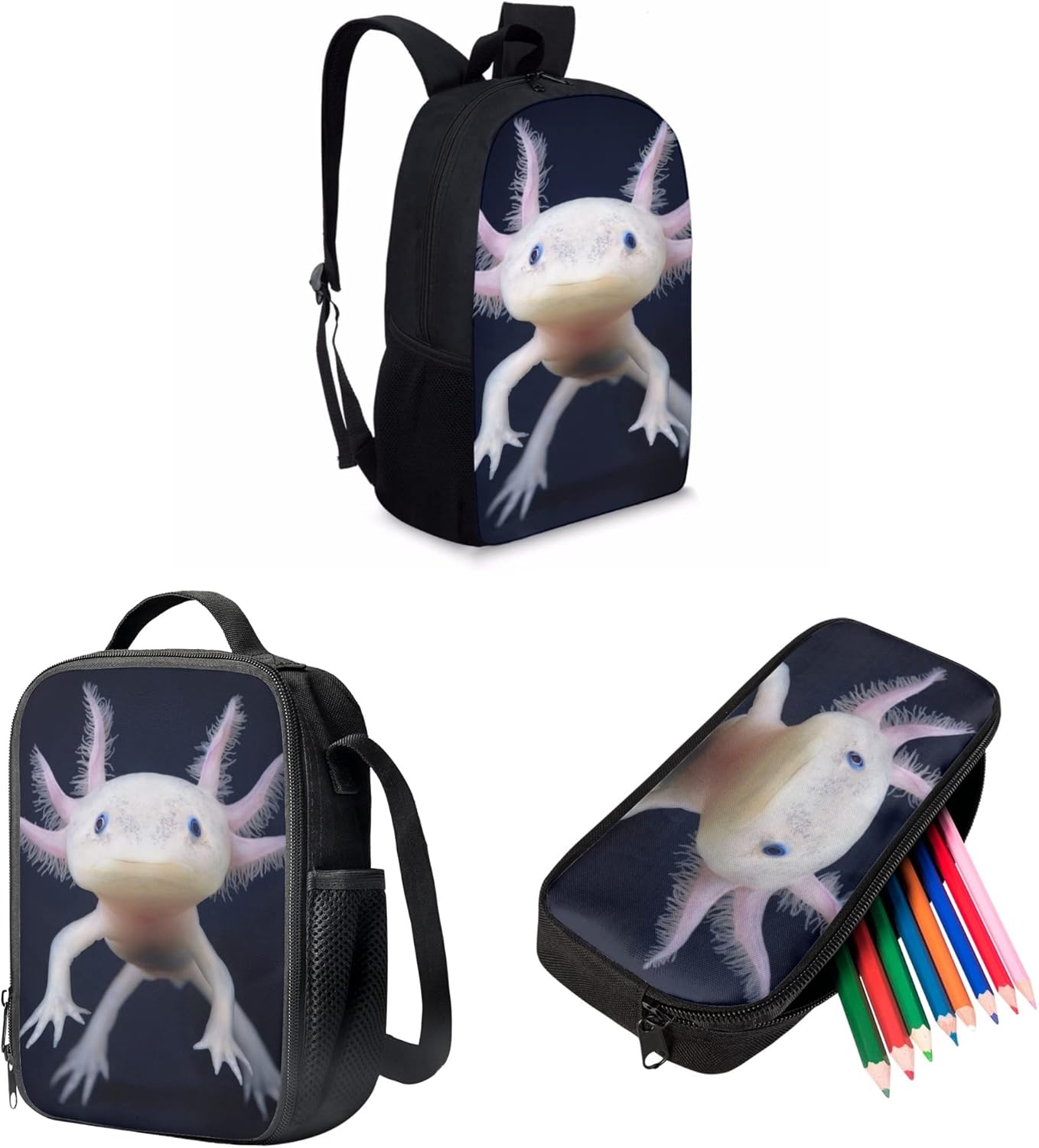 AmzPrint Axolotl Animal Print Bookbag With Lunchbox For Girls American Children Back To School Gift 3pcs Backpack Set