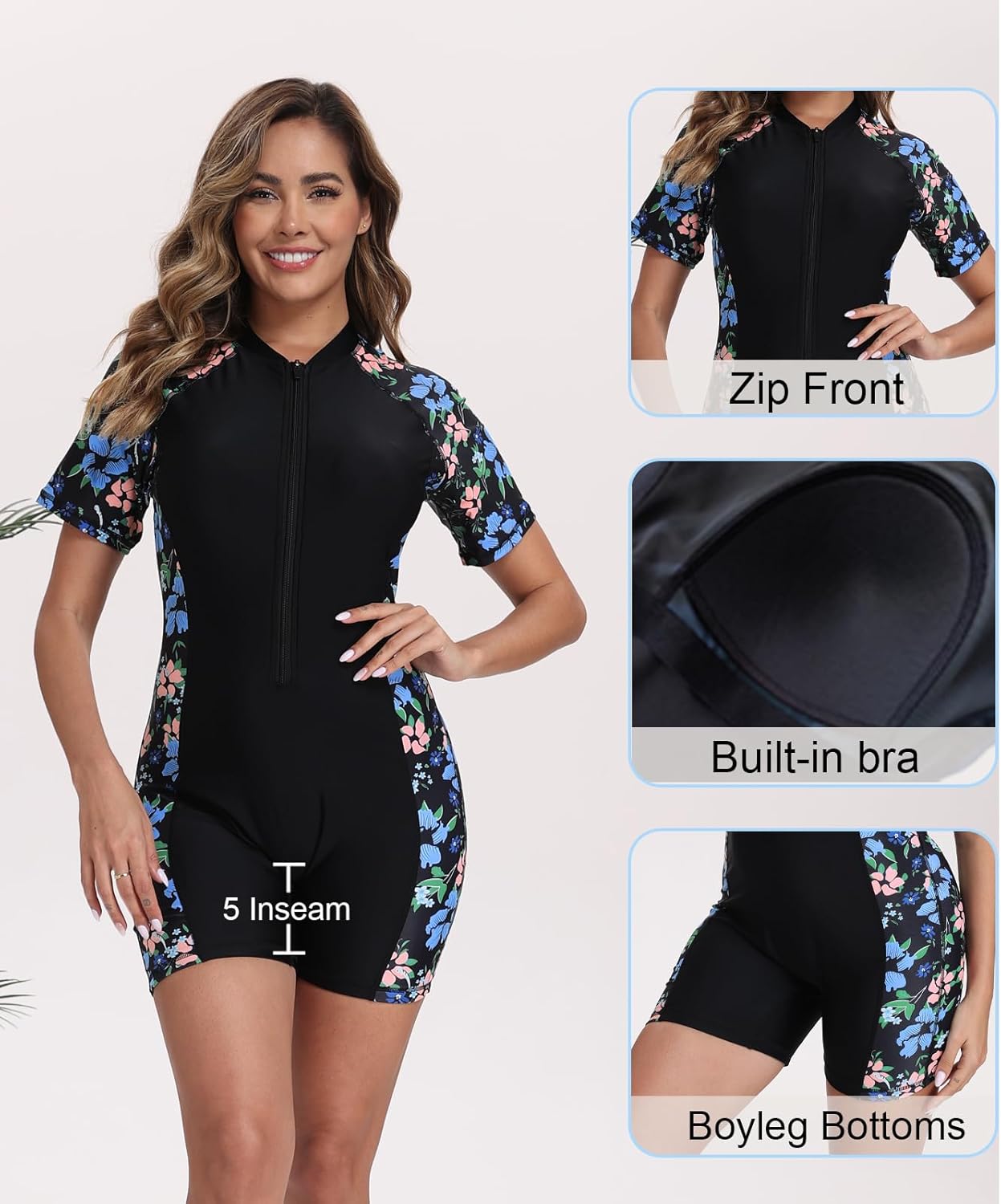 Halcurt Women's Boyleg One Piece Rash Guard with Built in Bra Zip Front UPF50+ Short Sleeve Full Body Surfing Swimsuit - Image 5