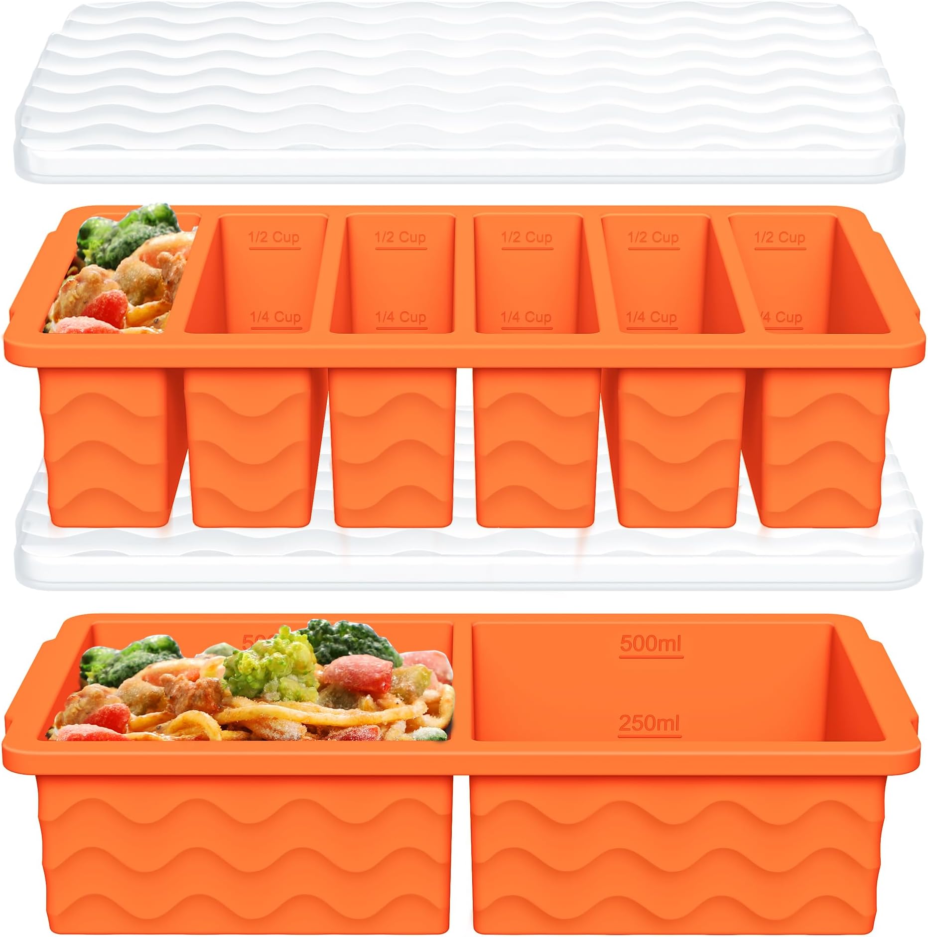 2-Pack Silicone Freezer Trays with Lid, 2 Large 2-Cup(500ml) & 6 Small 1/2-Cup(125ml) Soup Freezer Container Molds, Ice Cube Tray For Meal Prep & Freezing Soup, Stews, Sauces, Oven & Dishwasher-Safe