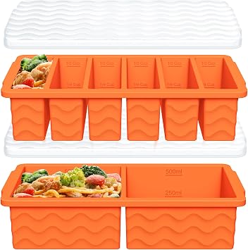 2-Pack Silicone Freezer Trays with Lid, 2 Large 2-Cup500ml & 6 Small 1/2-Cup125ml Soup Freezer Container Molds, Ice Cube Tray For Meal Prep & Freezing Soup, Stews, Sauces, Oven & Dishwasher-Safe