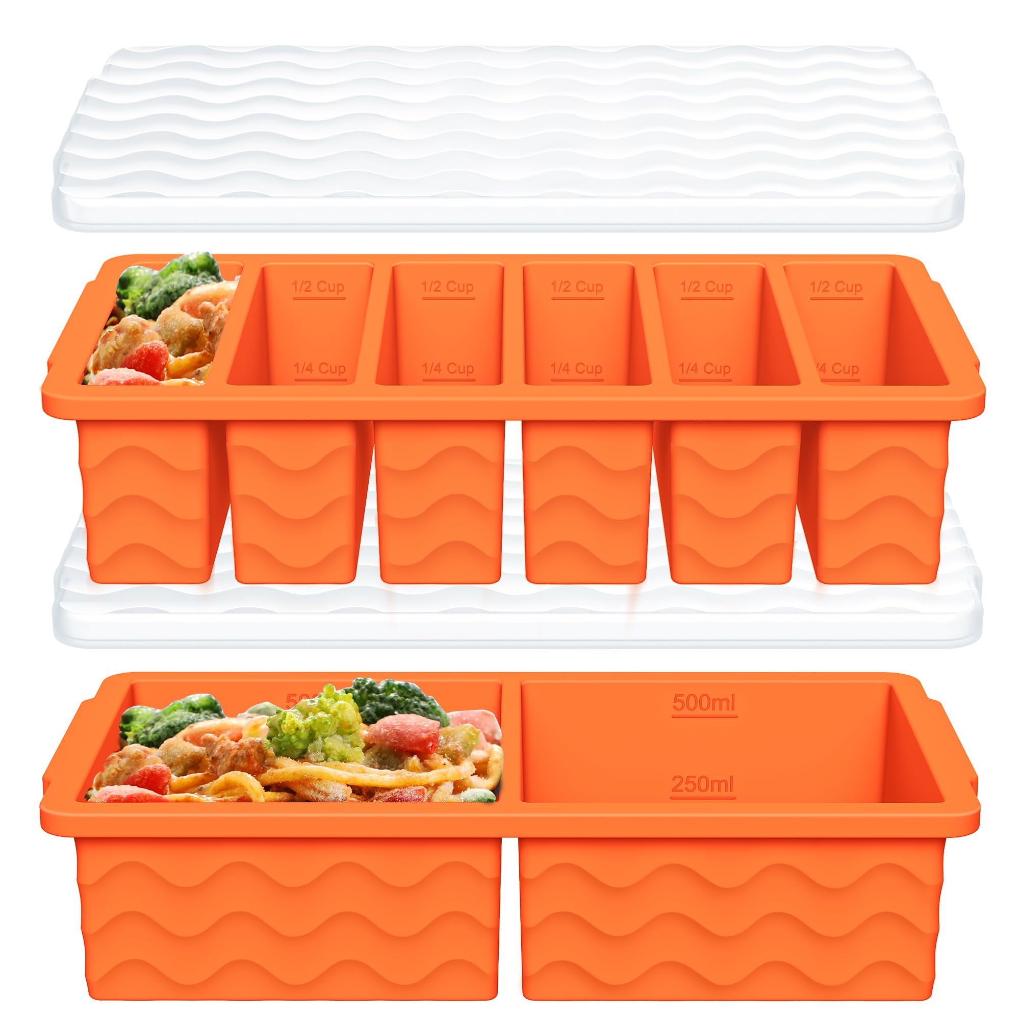 2-Pack Silicone Freezer Trays with Lid, 2 Large 2-Cup(500ml) & 6 Small 1/2-Cup(125ml) Soup Freezer Container Molds, Ice Cube Tray For Meal Prep & Freezing Soup, Stews, Sauces, Oven & Dishwasher-Safe